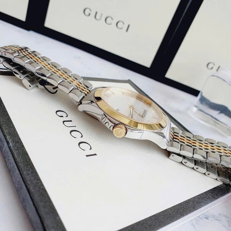 Đồng Hồ Gucci G-Timeless |Nam Giới |Mặt Trắng |Dây Kim Loại Demi Vàng |Máy Pin (Quartz) |Size 38mm |donghogiatot.vn