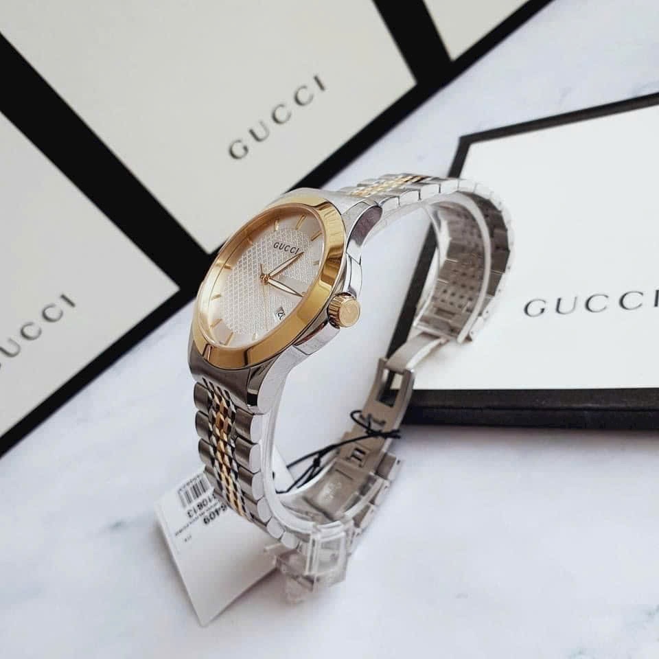 Đồng Hồ Gucci G-Timeless |Nam Giới |Mặt Trắng |Dây Kim Loại Demi Vàng |Máy Pin (Quartz) |Size 38mm |donghogiatot.vn