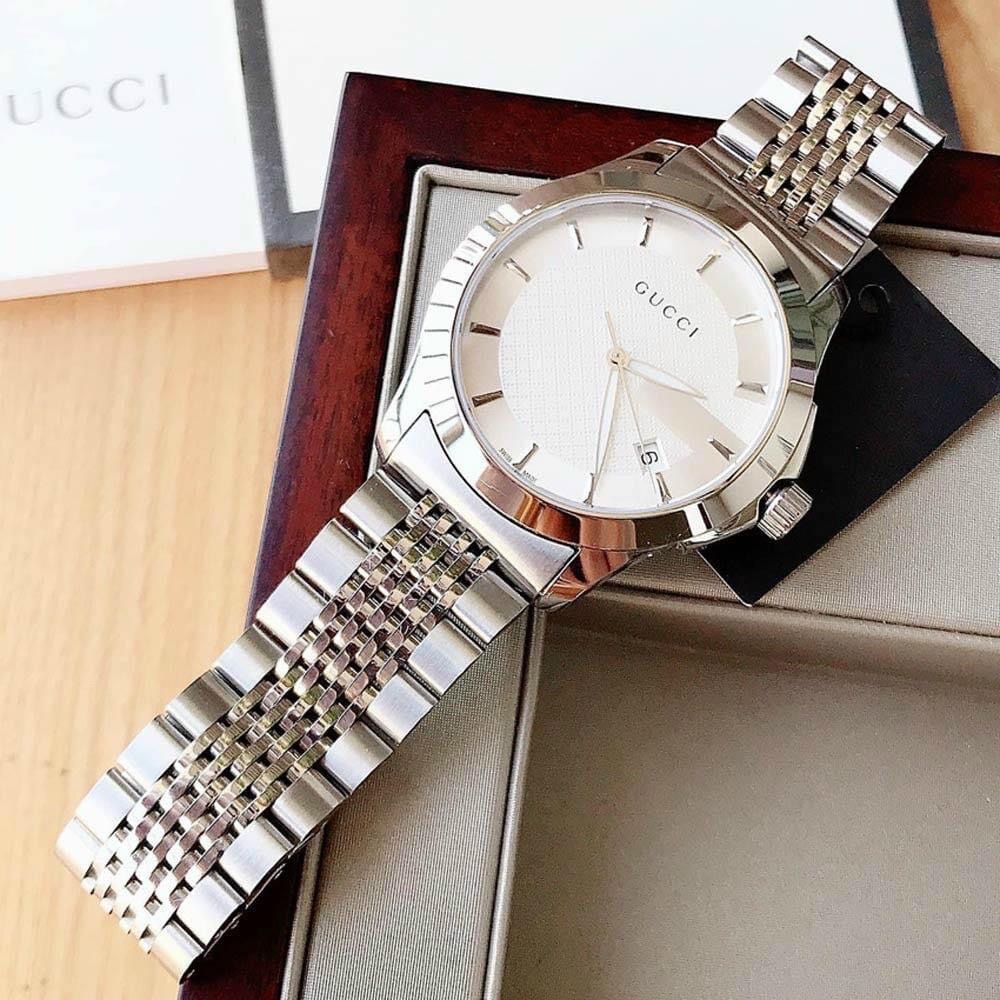 Đồng Hồ Gucci G-Timeless |Nam Giới |Mặt Tròn Trắng |Dây Kim Loại Silver |Máy Pin (Quartz) |Size 38mm |donghogiatot.vn