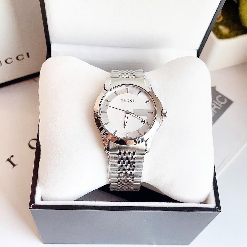 Đồng Hồ Gucci G-Timeless |Nam Giới |Mặt Tròn Trắng |Dây Kim Loại Silver |Máy Pin (Quartz) |Size 38mm |donghogiatot.vn