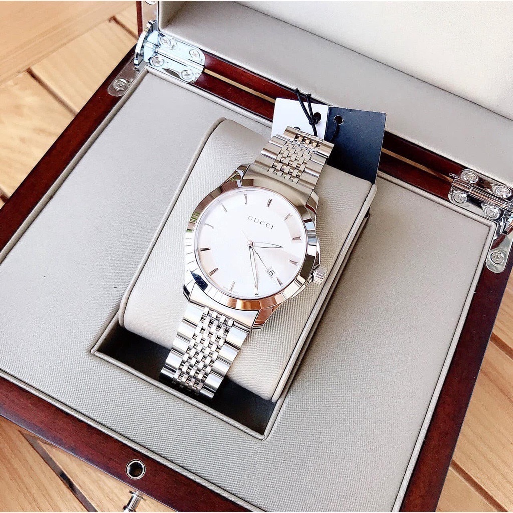 Đồng Hồ Gucci G-Timeless |Nam Giới |Mặt Tròn Trắng |Dây Kim Loại Silver |Máy Pin (Quartz) |Size 38mm |donghogiatot.vn