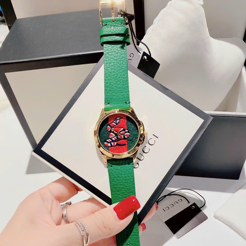 Đồng Hồ Gucci G-Timeless |Nữ |Họa Tiết Con Rắn Thêu |Dây Da Xanh Lá |Máy Pin (Quartz) |Size 38mm |donghogiatot.vn