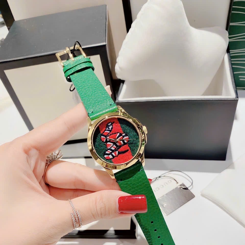 Đồng Hồ Gucci G-Timeless |Nữ |Họa Tiết Con Rắn Thêu |Dây Da Xanh Lá |Máy Pin (Quartz) |Size 38mm |donghogiatot.vn