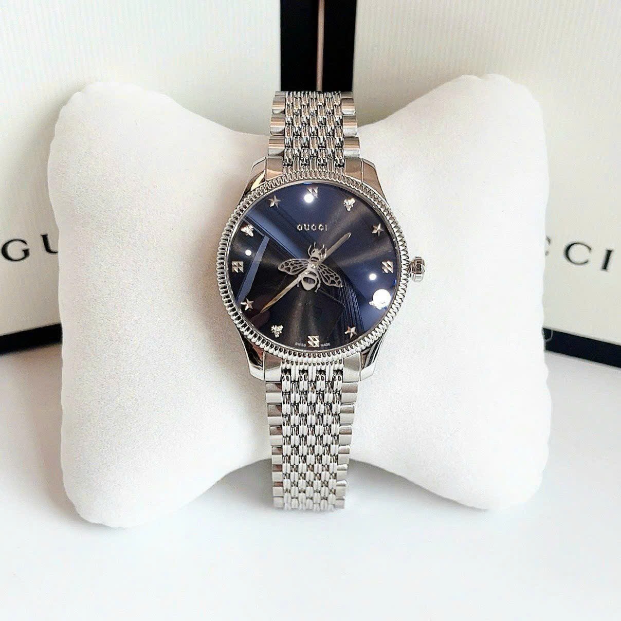 Đồng Hồ Gucci G-Timeless |Nữ Giới |Mặt Tròn Đen |Dây Kim Loại Silver |Máy Pin (Quartz) |Size 36mm |donghogiatot.vn