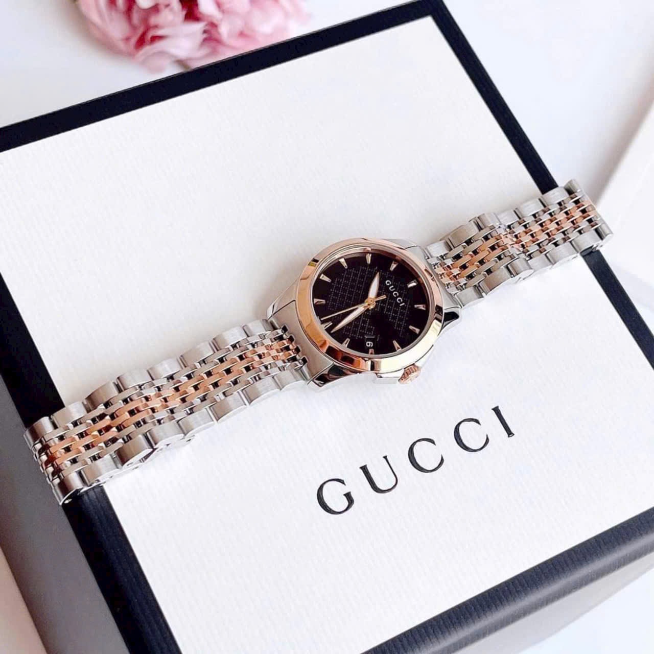 Đồng Hồ Gucci G-Timeless |Nữ Giới |Mặt Màu Đen |Dây Kim Loại Demi Rose |Máy Pin (Quartz) |Size 28mm |donghogiatot.vn