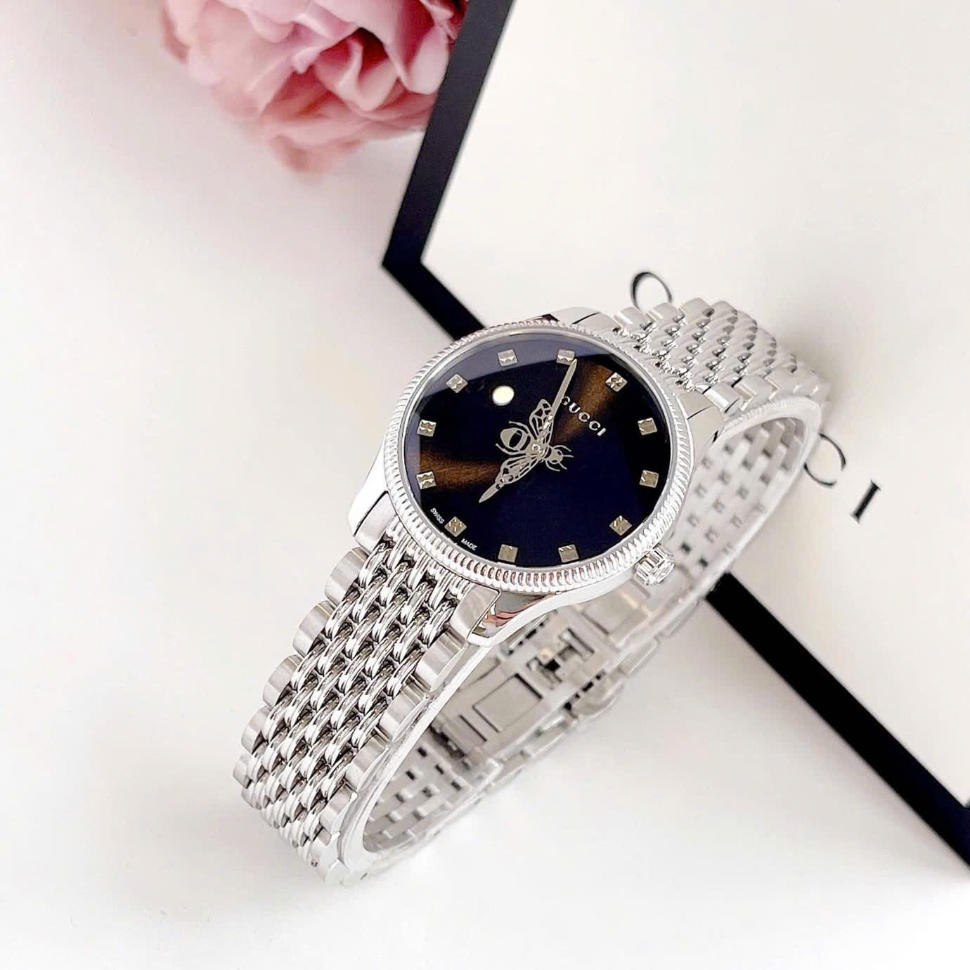 Đồng Hồ Gucci G-Timeless |Nữ Giới |Mặt Đen |Dây Kim Loại Silver |Máy Pin (Quartz) |Size 29mm |donghogiatot.vn