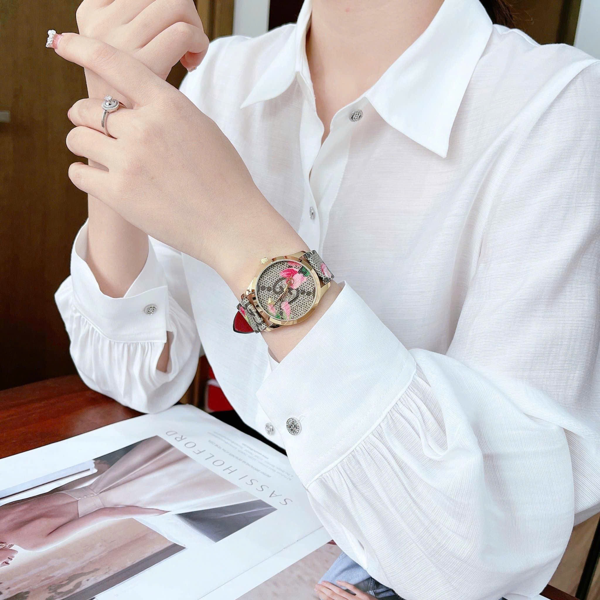 Đồng Hồ Gucci G-Timeless Pink Blooms Print |Nữ |Dây Da Họa Tiết Bông Hoa |Máy Pin (Quartz) |Size 38mm |donghogiatot.vn