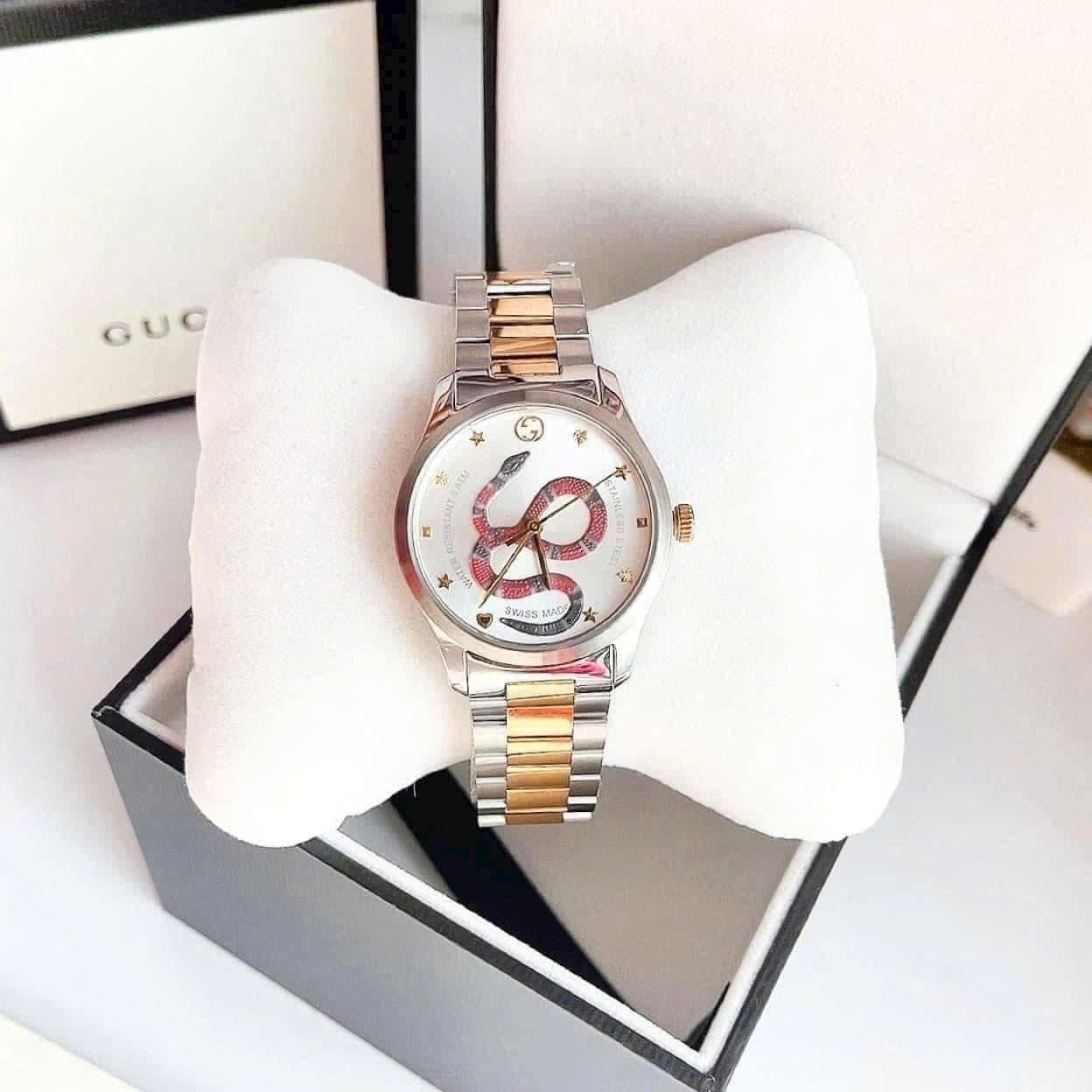 Đồng Hồ Gucci G-Timeless Snake |Nam |Mặt Hình Rắn |Dây Kim Loại Demi Vàng |Máy Pin (Quartz) |Size 38mm |donghogiatot.vn