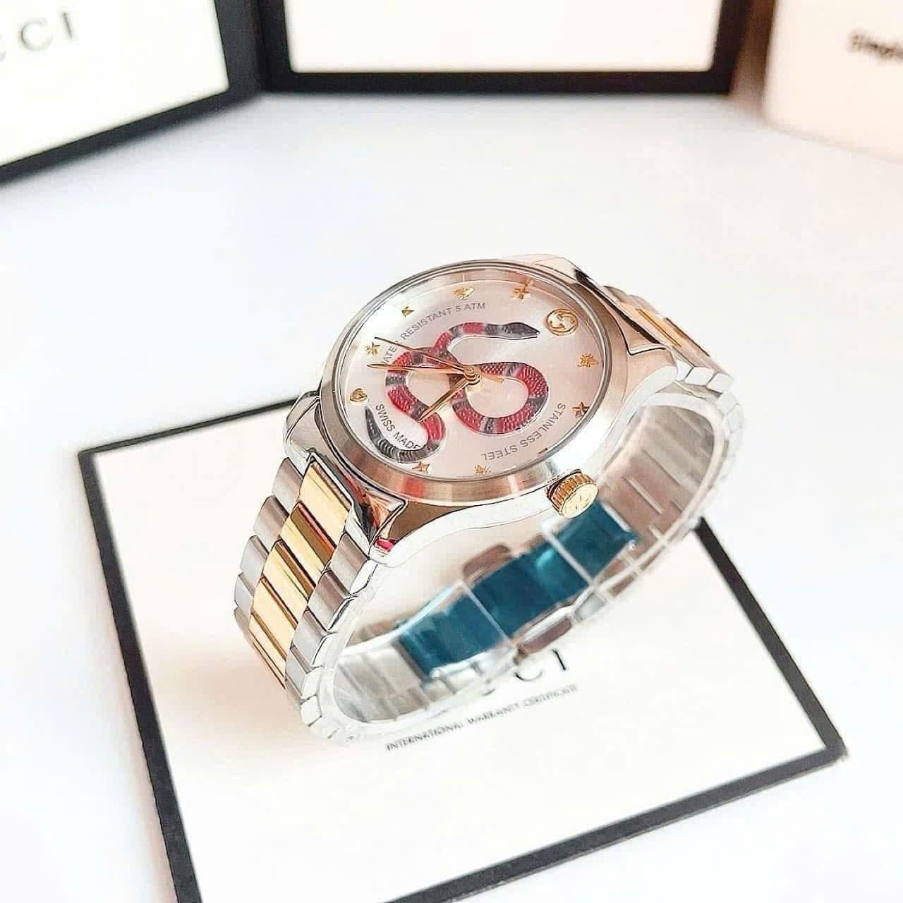 Đồng Hồ Gucci G-Timeless Snake |Nam |Mặt Hình Rắn |Dây Kim Loại Demi Vàng |Máy Pin (Quartz) |Size 38mm |donghogiatot.vn