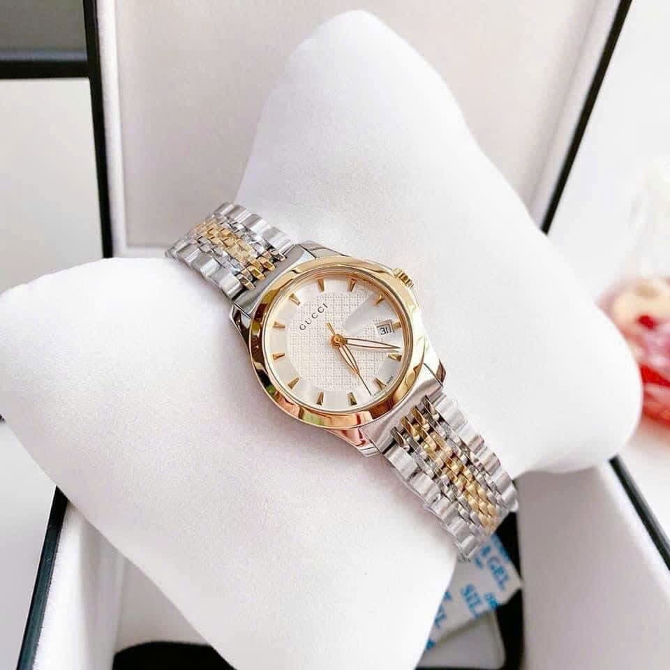 Đồng Hồ Gucci G-Timeless White |Nữ Giới |Dây Kim Loại Demi Vàng Gold |Máy Pin (Quartz) |Size 28mm |donghogiatot.vn