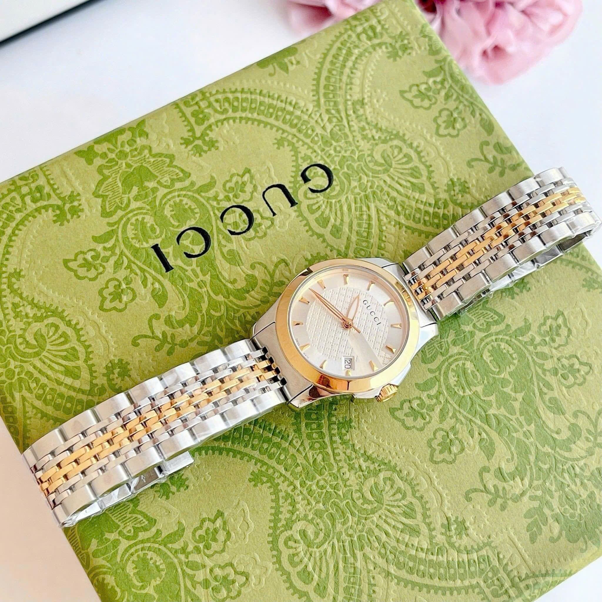 Đồng Hồ Gucci G-Timeless White |Nữ Giới |Dây Kim Loại Demi Vàng Gold |Máy Pin (Quartz) |Size 28mm |donghogiatot.vn