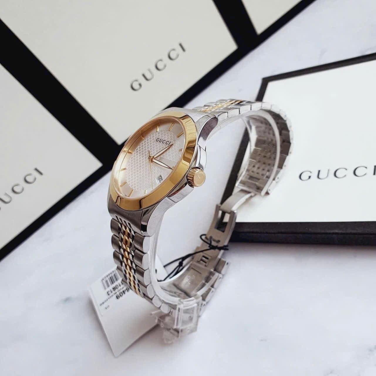 Đồng Hồ Gucci G-Timeless White |Nữ Giới |Dây Kim Loại Demi Vàng Gold |Máy Pin (Quartz) |Size 28mm |donghogiatot.vn