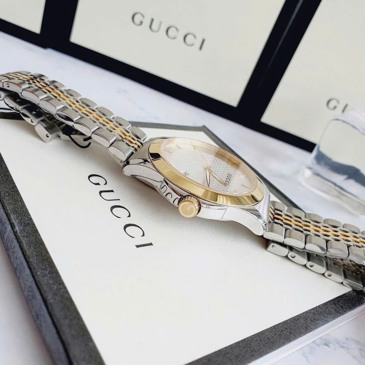 Đồng Hồ Gucci G-Timeless White |Nữ Giới |Dây Kim Loại Demi Vàng Gold |Máy Pin (Quartz) |Size 28mm |donghogiatot.vn