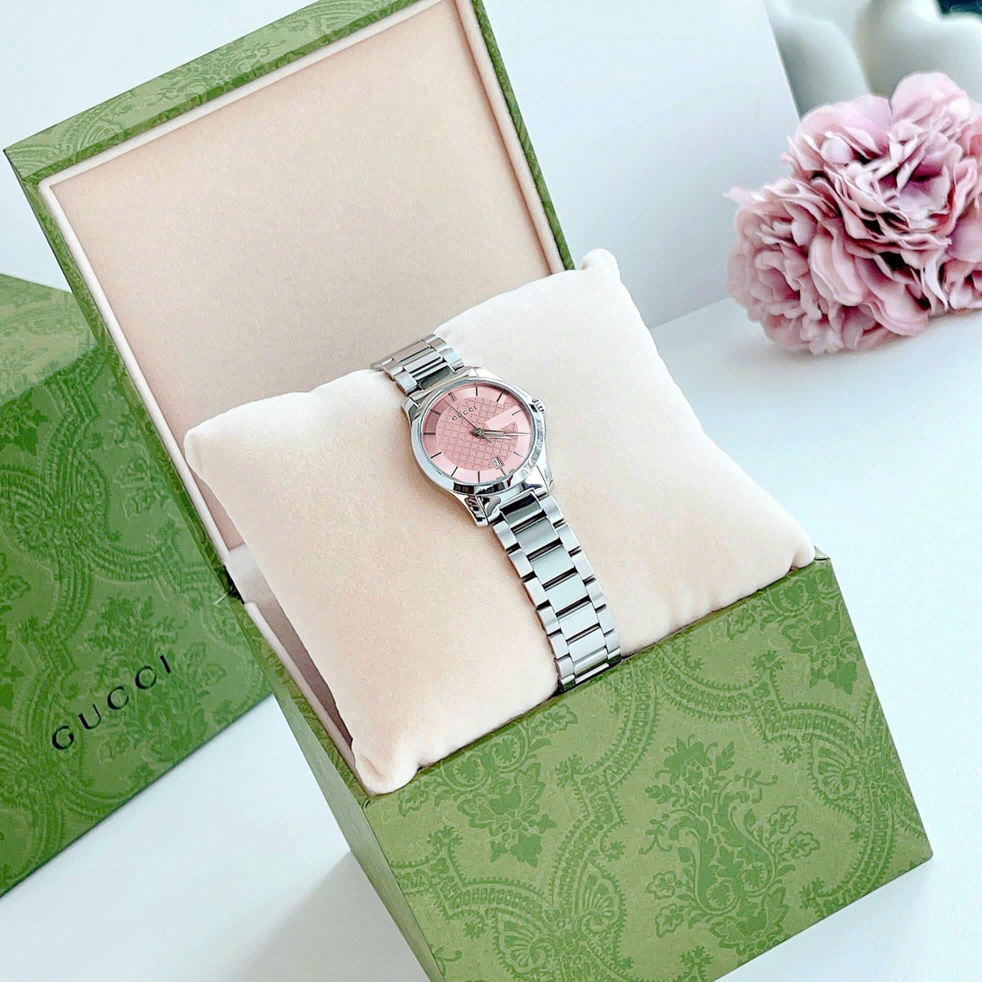 Đồng Hồ Gucci Timeless Pink |Nữ Giới |Mặt Tròn |Dây Kim Loại Silver |Máy Pin (Quartz) |Size 28mm |donghogiatot.vn