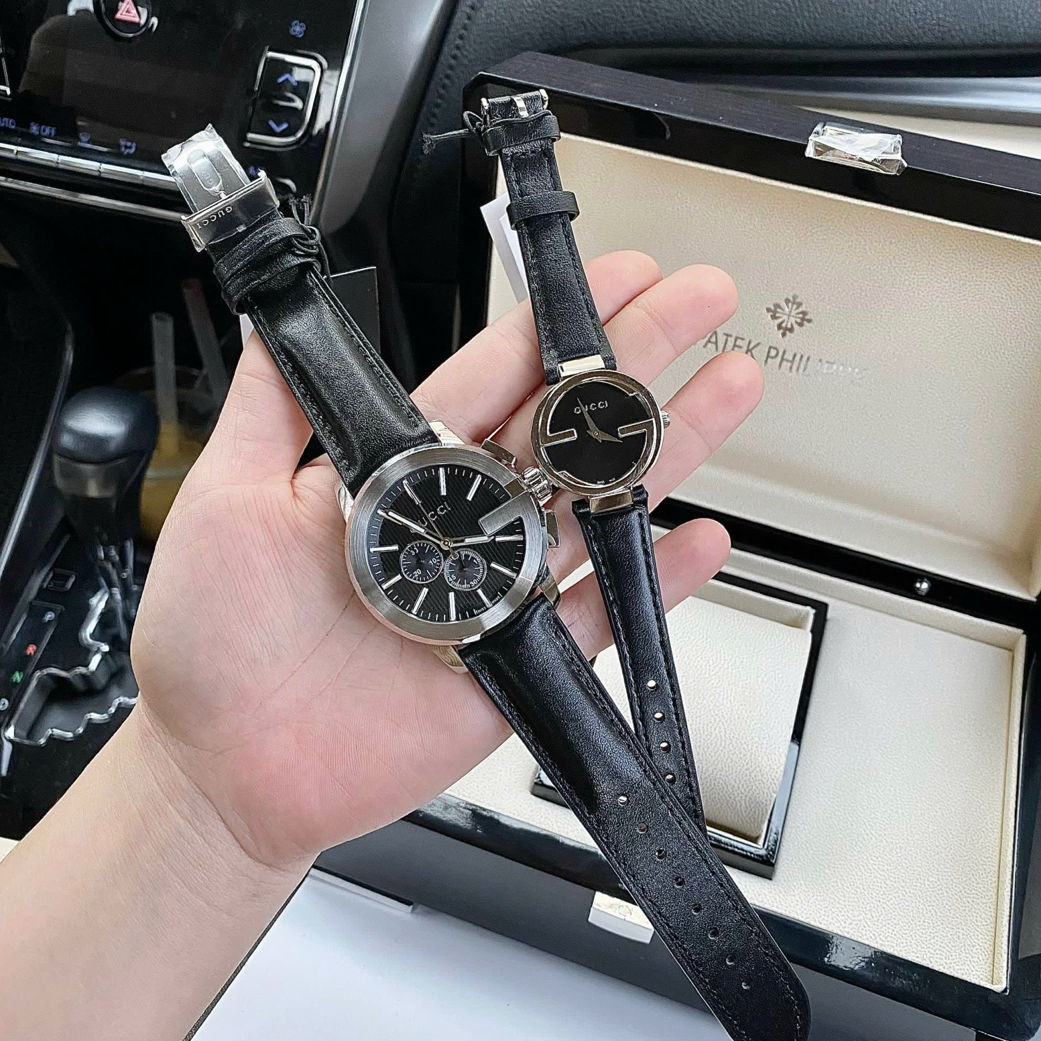 Đồng Hồ Gucci Chronograph |Cặp Đôi |Mặt Tròn 6 kim |Dây Da Màu Đen |Size 42x29mm |donghogiatot.vn