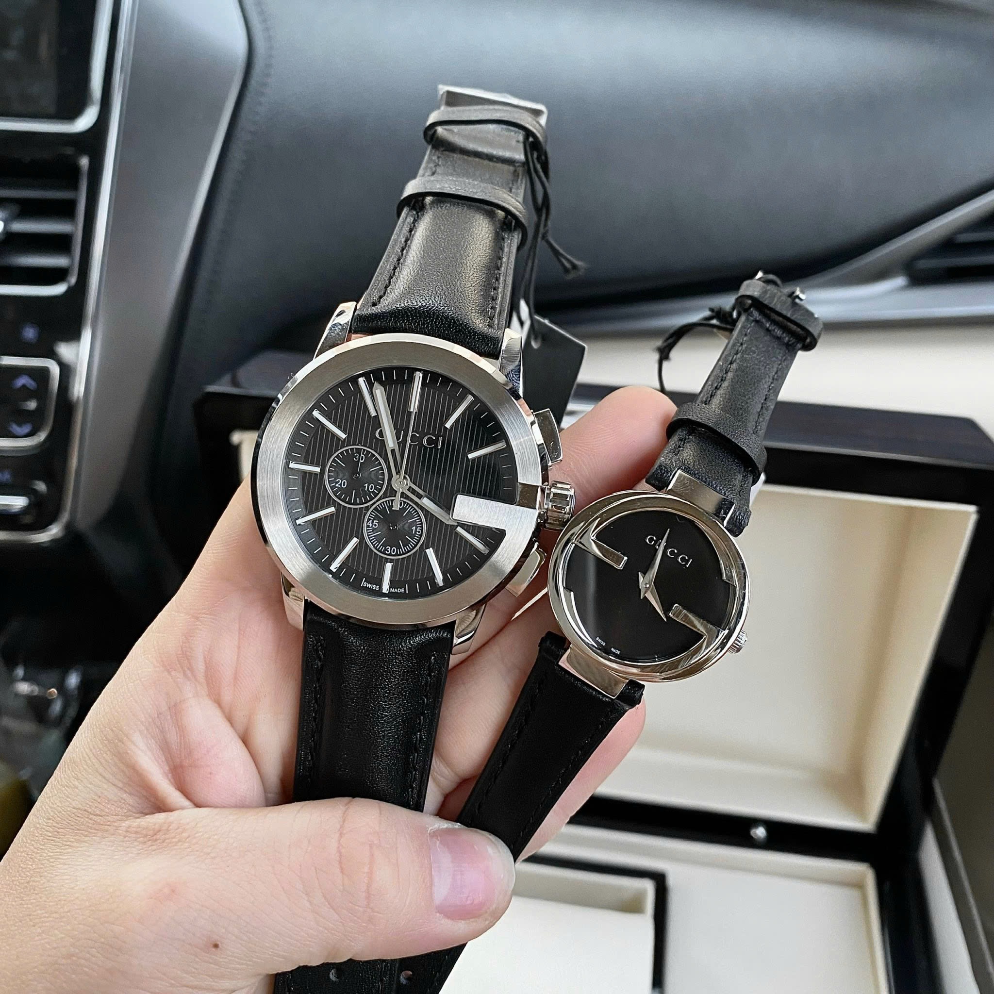 Đồng Hồ Gucci Chronograph |Cặp Đôi |Mặt Tròn 6 kim |Dây Da Màu Đen |Size 42x29mm |donghogiatot.vn