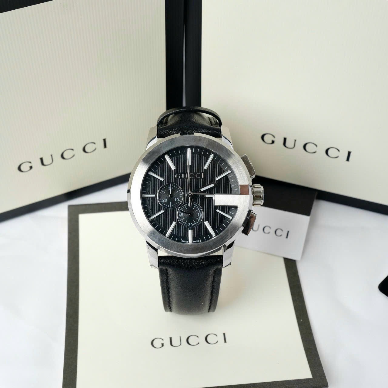 Đồng Hồ Gucci Chronograph |Cặp Đôi |Mặt Tròn 6 kim |Dây Da Màu Đen |Size 42x29mm |donghogiatot.vn