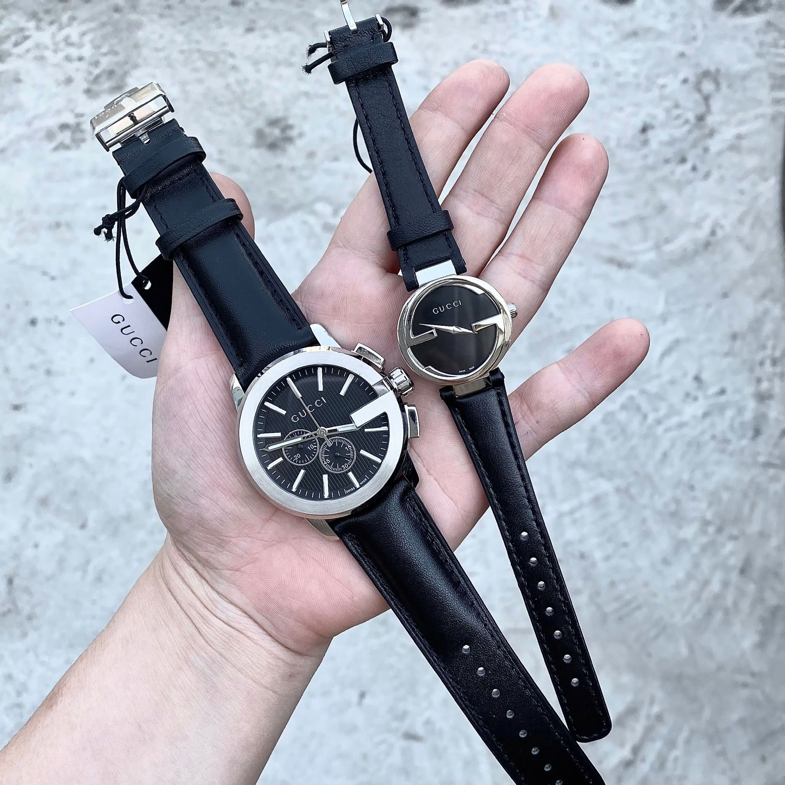 Đồng Hồ Gucci Chronograph |Cặp Đôi |Mặt Tròn 6 kim |Dây Da Màu Đen |Size 42x29mm |donghogiatot.vn