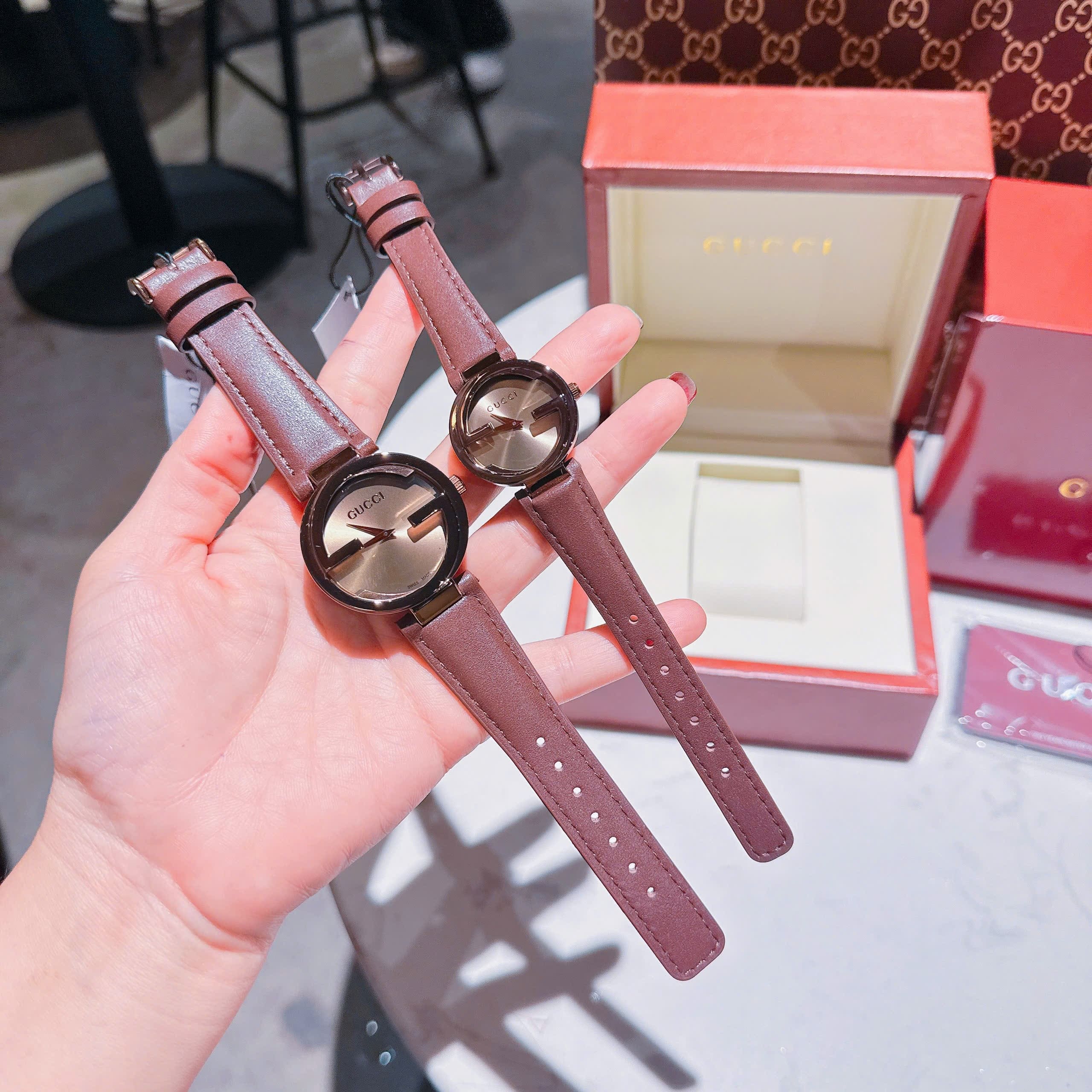 Đồng Hồ Gucci Interlocking |Cặp Đôi |Mặt Tròn |Dây Da Màu Nâu |Size 36x29mm |donghogiatot.vn