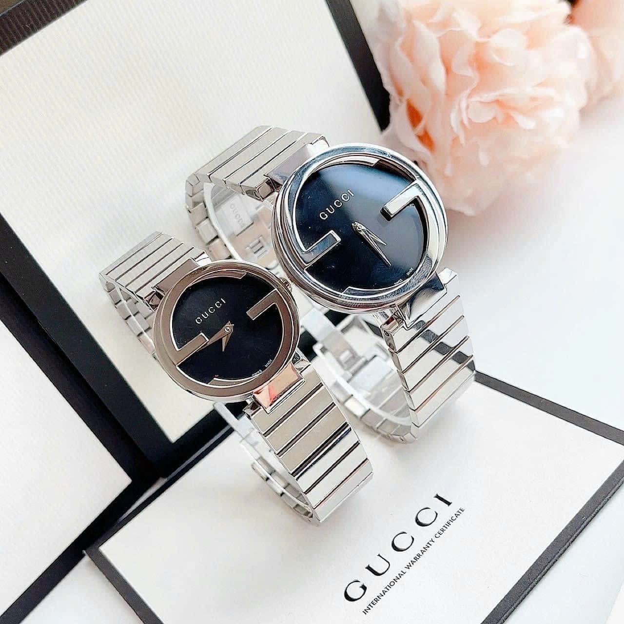 Đồng Hồ Gucci Interlocking |Cặp Đôi |Mặt Tròn Đen |Dây Kim Loại Silver |Size 36x29mm |donghogiatot.vn
