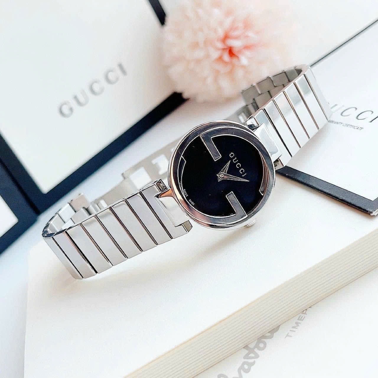 Đồng Hồ Gucci Interlocking |Cặp Đôi |Mặt Tròn Đen |Dây Kim Loại Silver |Size 36x29mm |donghogiatot.vn