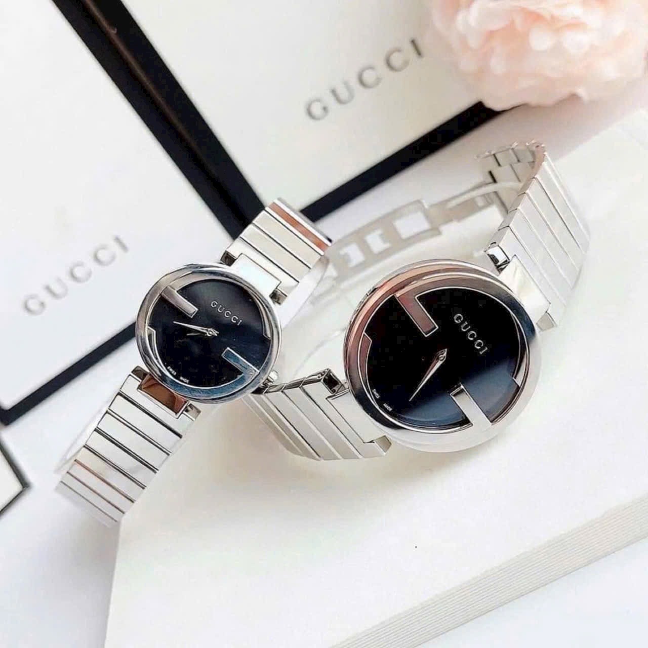 Đồng Hồ Gucci Interlocking |Cặp Đôi |Mặt Tròn Đen |Dây Kim Loại Silver |Size 36x29mm |donghogiatot.vn