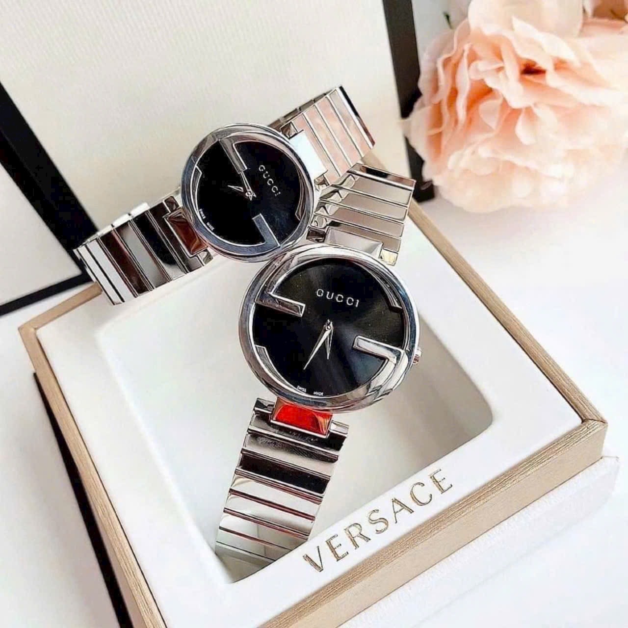 Đồng Hồ Gucci Interlocking |Cặp Đôi |Mặt Tròn Đen |Dây Kim Loại Silver |Size 36x29mm |donghogiatot.vn