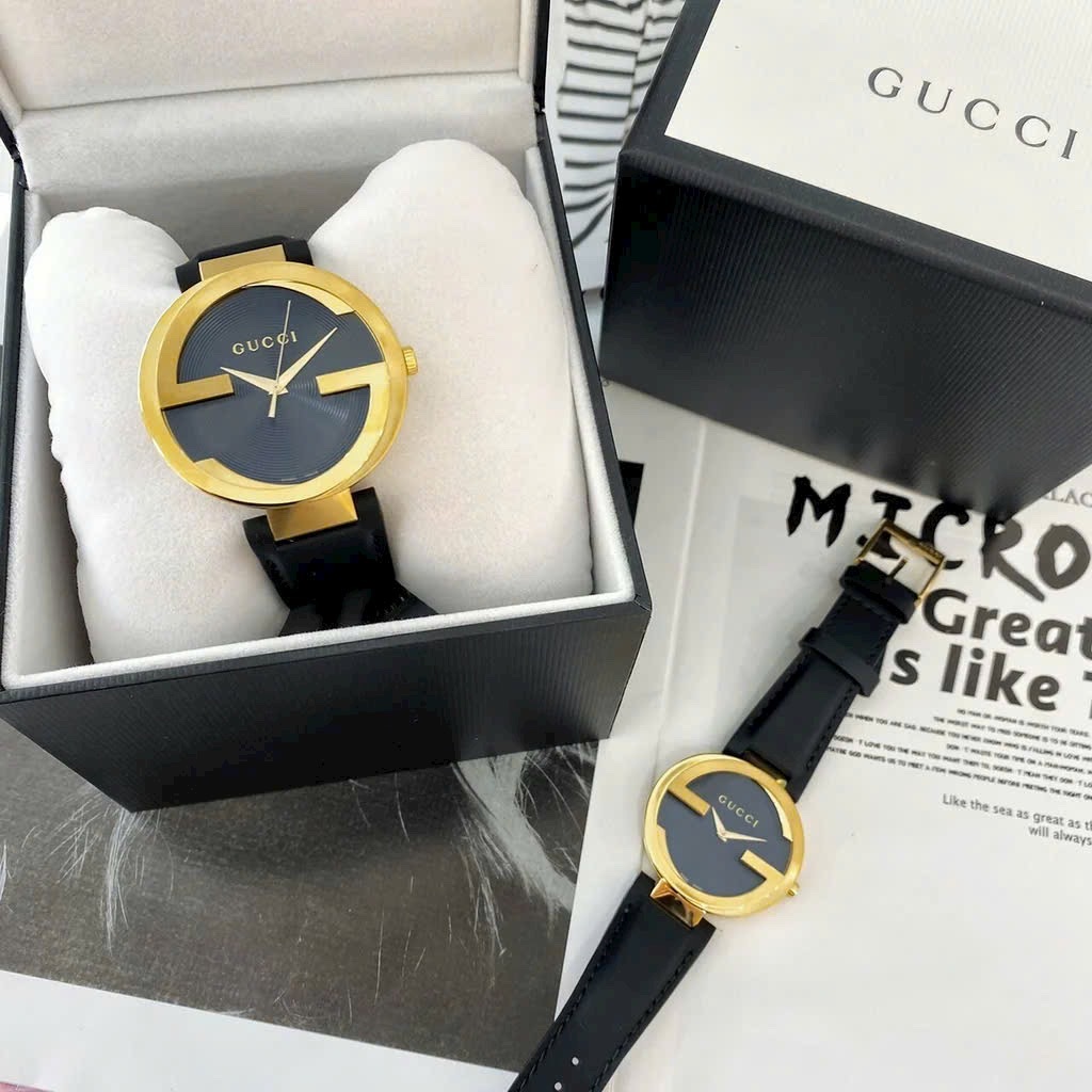 Đồng Hồ Gucci Interlocking |Cặp Đôi |Mặt Tròn |Vàng Gold |Dây Da Màu Đen |Size 36x29mm |donghogiatot.vn