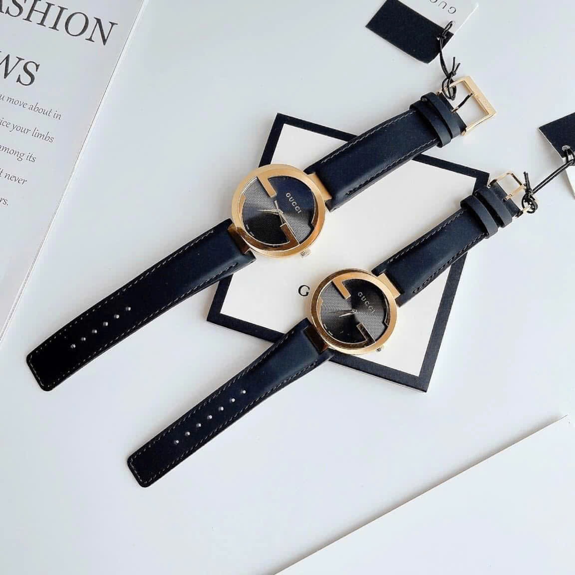 Đồng Hồ Gucci Interlocking |Cặp Đôi |Mặt Tròn |Vàng Gold |Dây Da Màu Đen |Size 36x29mm |donghogiatot.vn