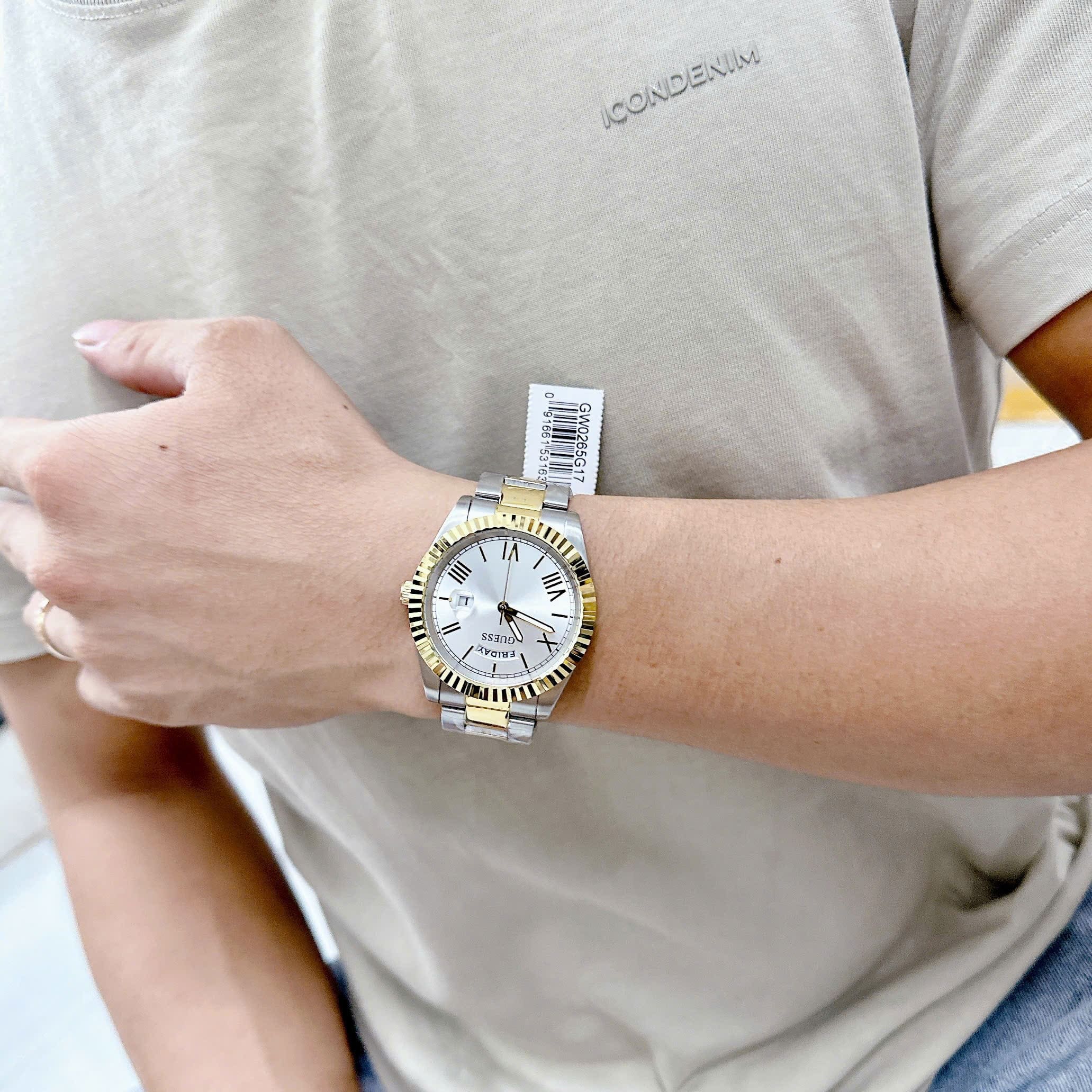 Đồng Hồ Guess Dáng Rolex |Nam Giới |Mặt Trắng |Dây Kim Loại Demi Vàng |Máy Pin (Quartz) |Size 42mm |donghogiatot.vn