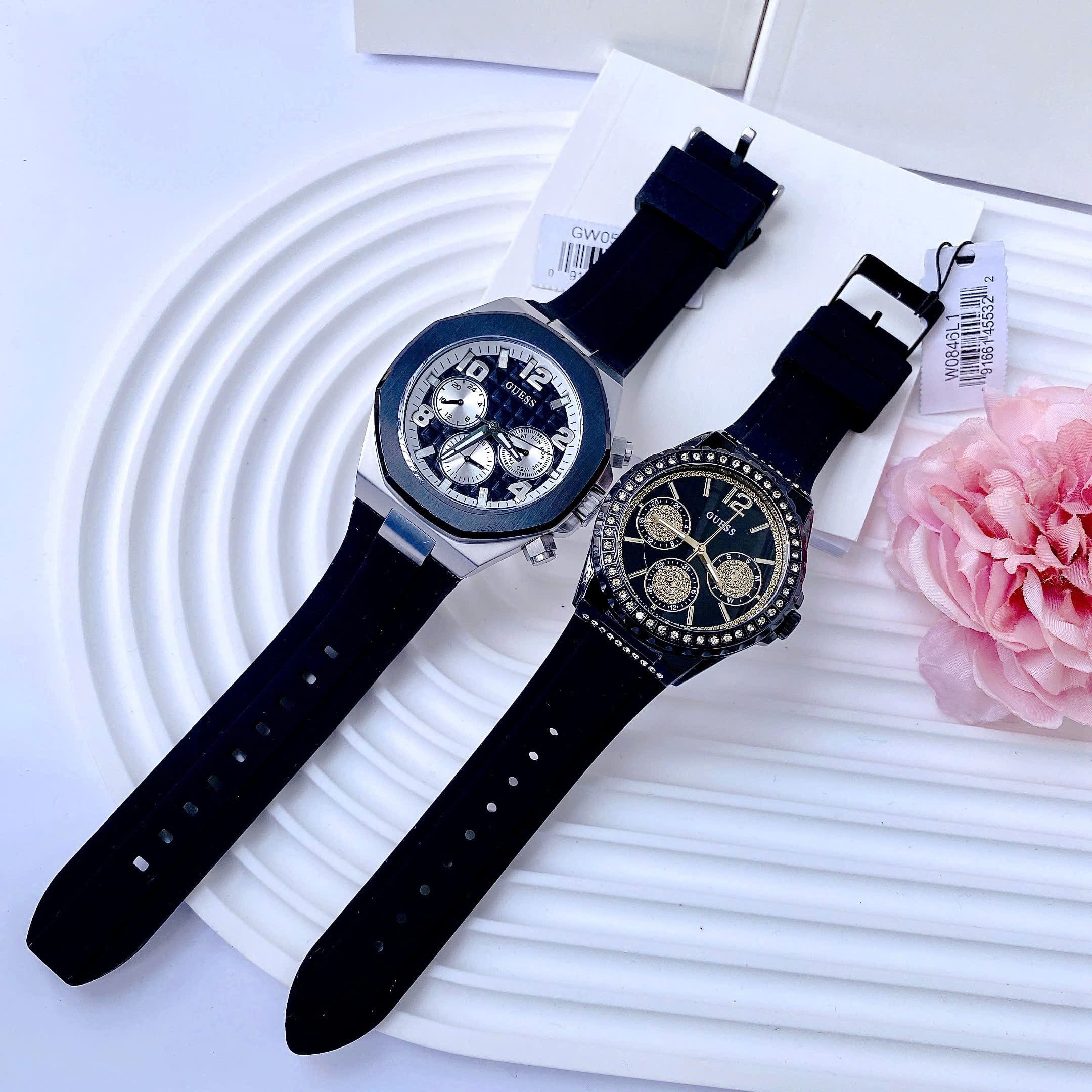 Đồng Hồ Guess Empire |Cặp Đôi |Mặt Tròn Đen |Đính Đá |Dây Cao Su |Size 46x38mm |donghogiatot.vn