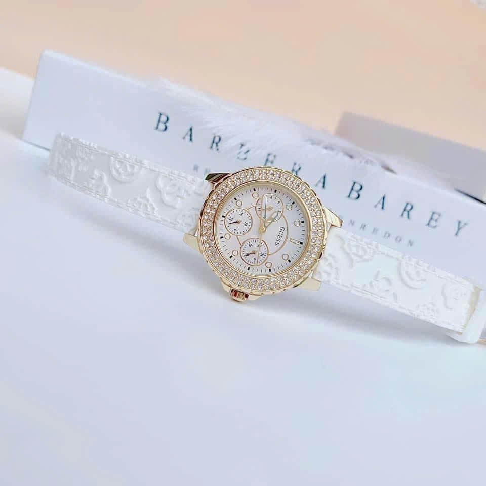 Đồng Hồ Guess Glitter |Nữ Giới |Đính Đá Vàng Gold |Dây Cao Su Trắng |Máy Pin (Quartz) |Size 34mm |donghogiatot.vn
