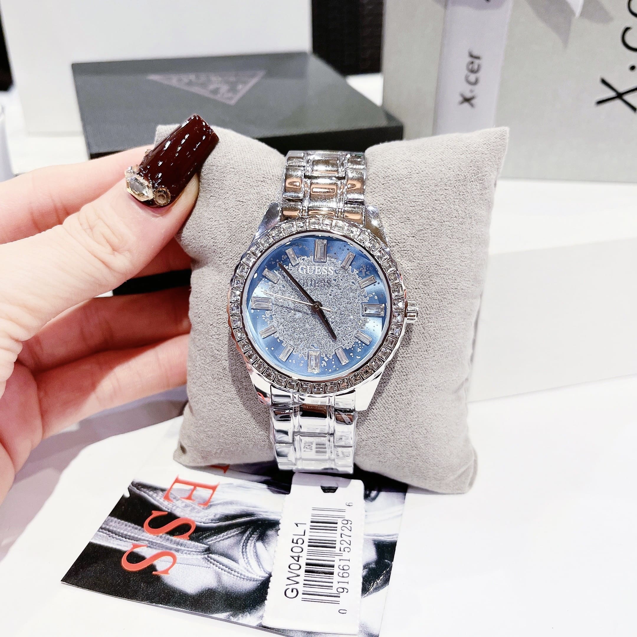 Đồng Hồ Guess Glitter |Nữ Giới |Mặt Xanh |Dây Kim Loại Trắng Silver |Máy Pin (Quartz) |Size 38mm |donghogiatot.vn