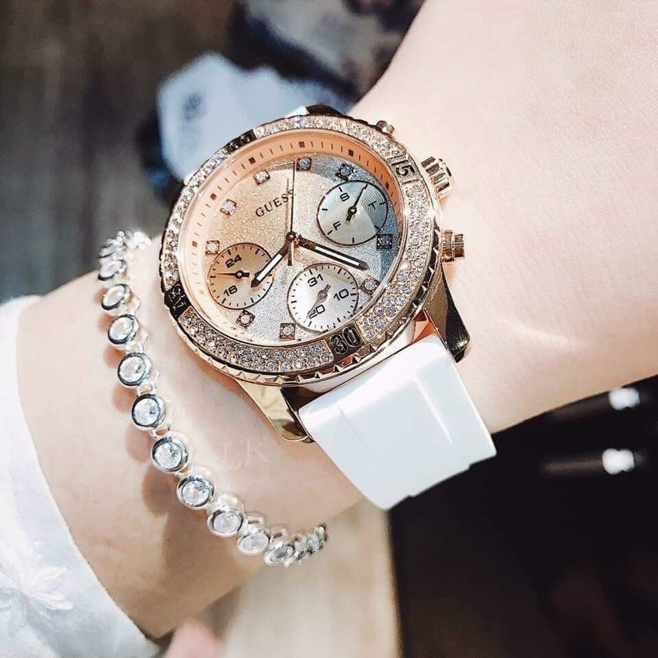 Đồng Hồ Guess Glitter |Nữ Giới |Rose Gold |Dây Sillicone Trắng |Máy Pin (Quartz) |Size 38mm |donghogiatot.vn