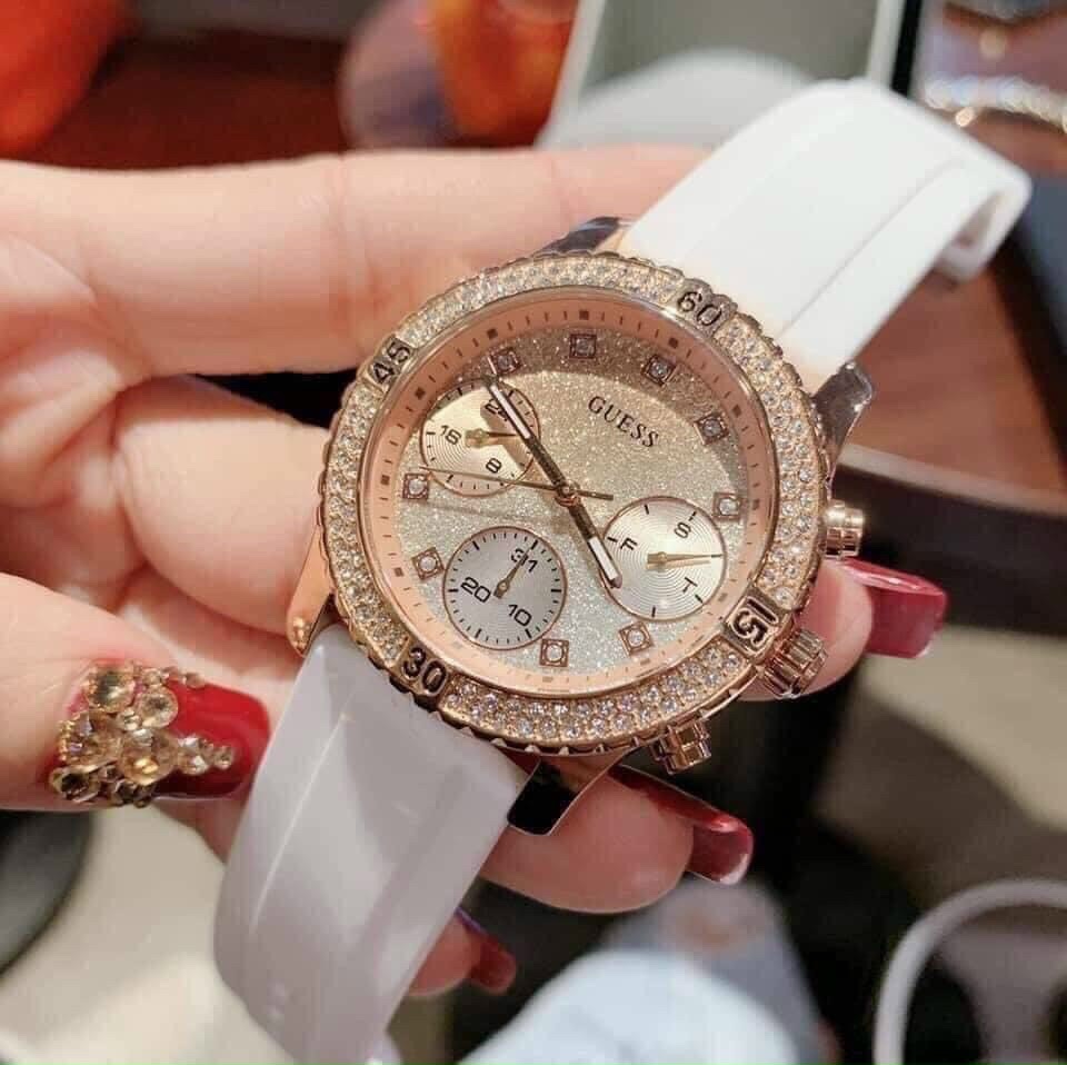 Đồng Hồ Guess Glitter |Nữ Giới |Rose Gold |Dây Sillicone Trắng |Máy Pin (Quartz) |Size 38mm |donghogiatot.vn