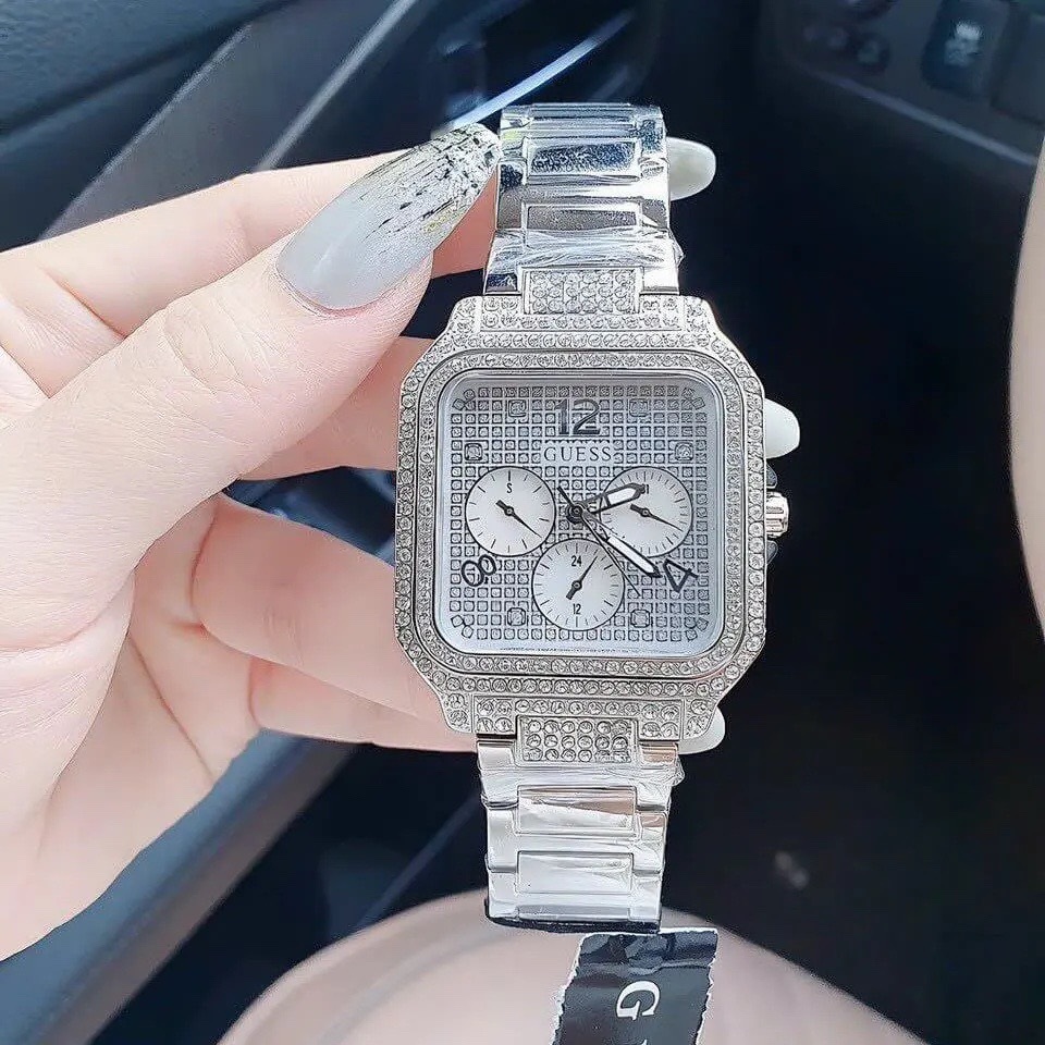 Đồng Hồ Guess Integrity |Nữ Giới |Mặt Vuông Full Đá |Dây Kim Loại Trắng Silver |Máy Pin (Quartz) |Size 35mm |donghogiatot.vn