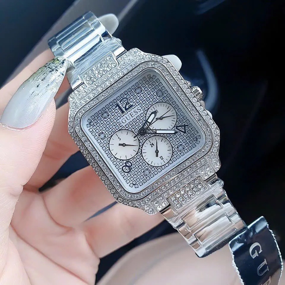 Đồng Hồ Guess Integrity |Nữ Giới |Mặt Vuông Full Đá |Dây Kim Loại Trắng Silver |Máy Pin (Quartz) |Size 35mm |donghogiatot.vn