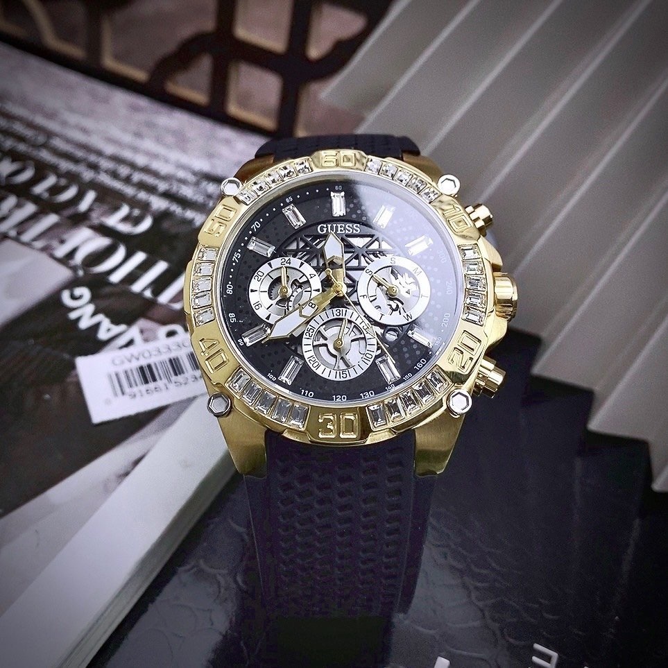Đồng Hồ Guess Intrepid |Nam Giới |Đính Đá Vàng Gold |Dây Cao Su Đen |Máy Pin (Quartz) |Size 46mm |donghogiatot.vn