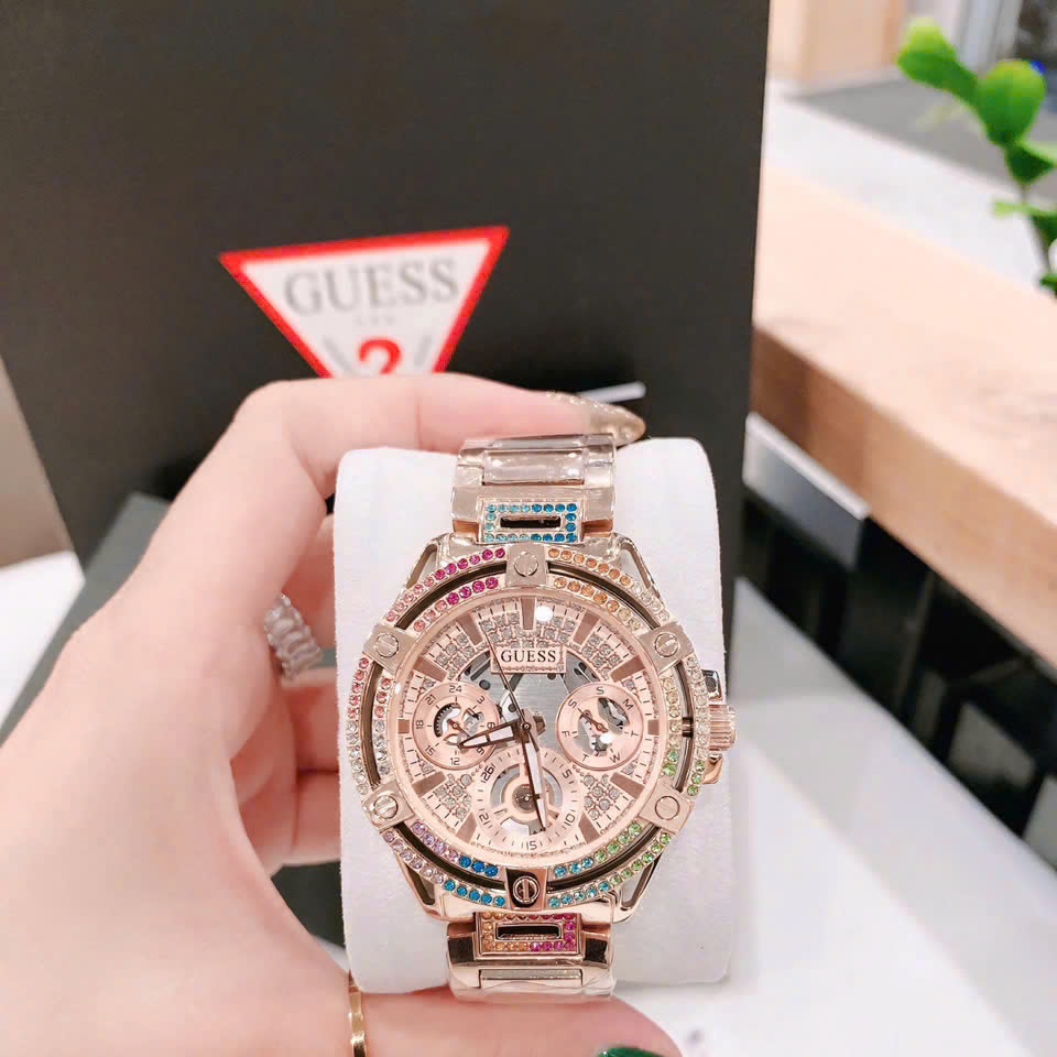 Đồng Hồ Guess Iridescent |Nữ Giới |Đính Đá Nhiều Màu |Dây Kim Loại Rose Gold |Máy Pin (Quartz) |Size 40mm |donghogiatot.vn
