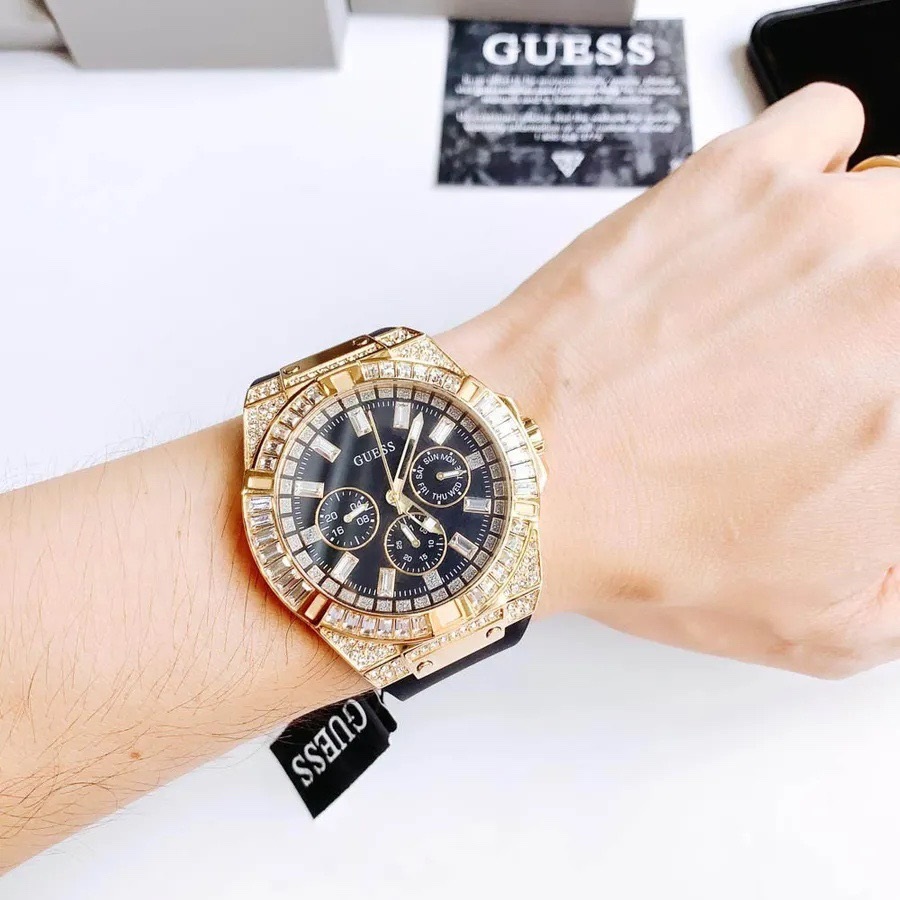 Đồng Hồ Guess Rigor |Nam Giới |Đính Đá Vàng Gold |Dây Sillicone Đen |Máy Pin (Quartz) |Size 47mm |donghogiatot.vn