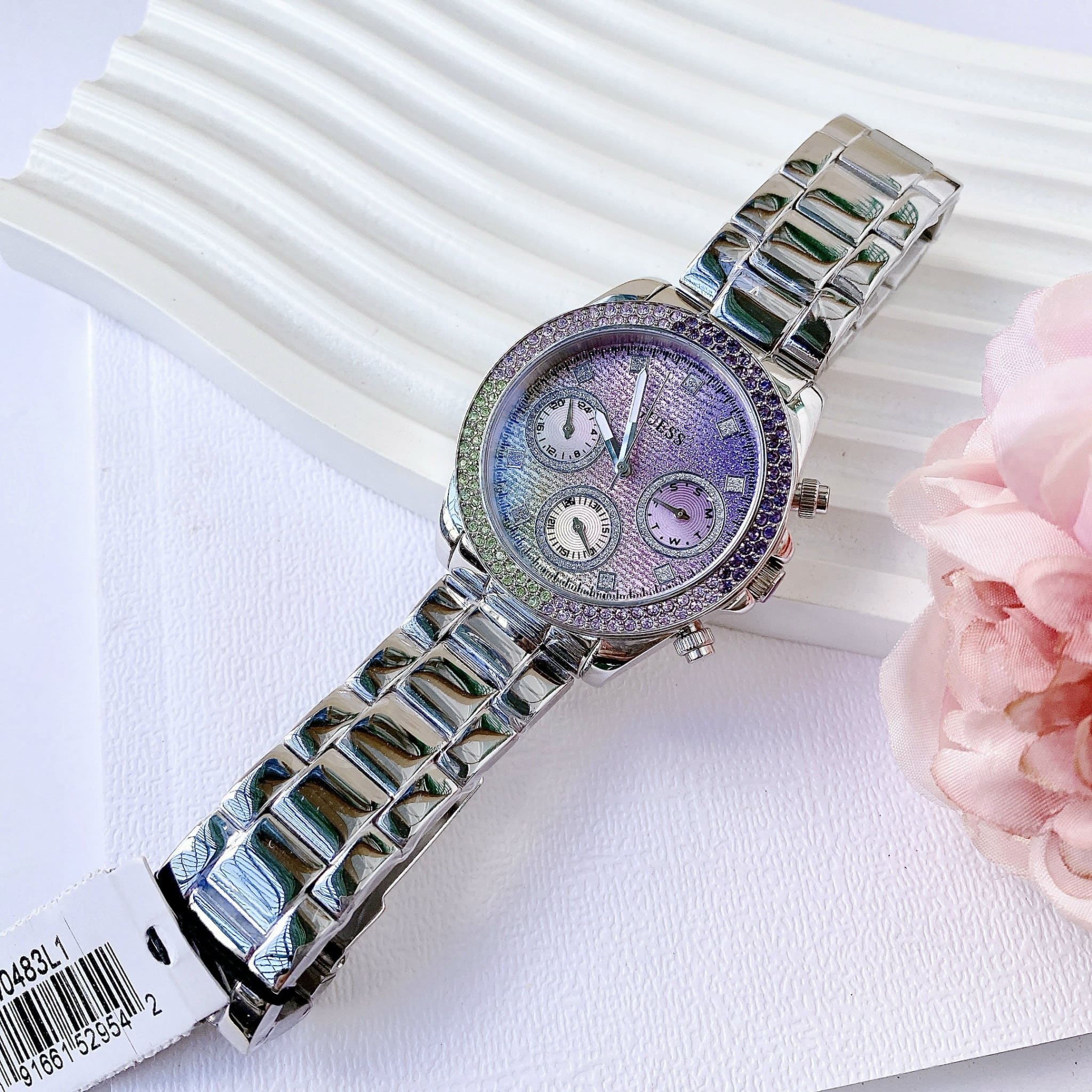 Đồng Hồ Guess Sol |Nữ Giới |Mặt Đính Đá Tím Xanh |Dây Kim Loại |Máy Pin (Quartz) |Size 38mm |donghogiatot.vn