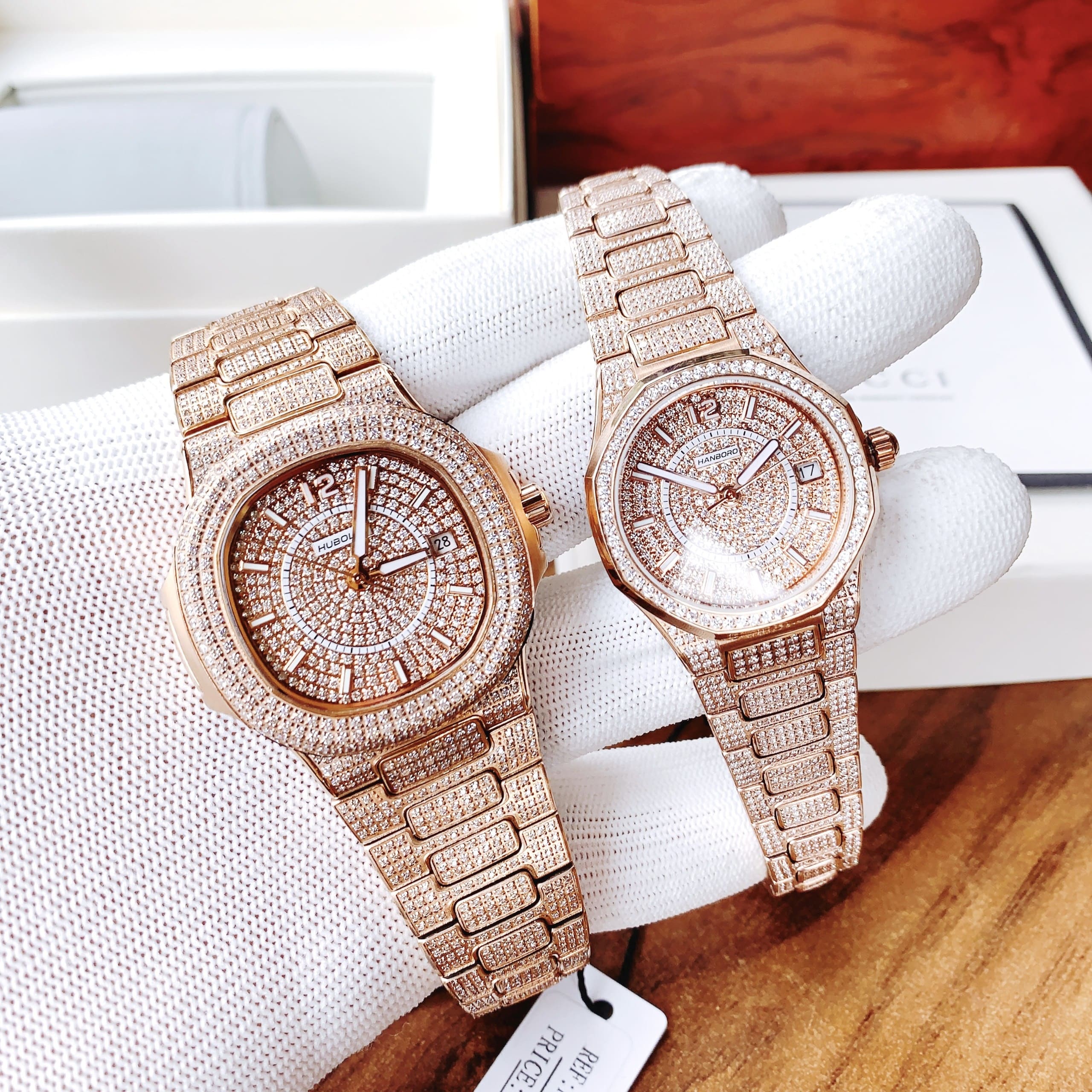 Đồng Hồ Hanboro Full Đá Swarovski |Cặp Đôi |Rose Gold |Dây Kim Loại | Size 34x41mm |donghogiatot.vn