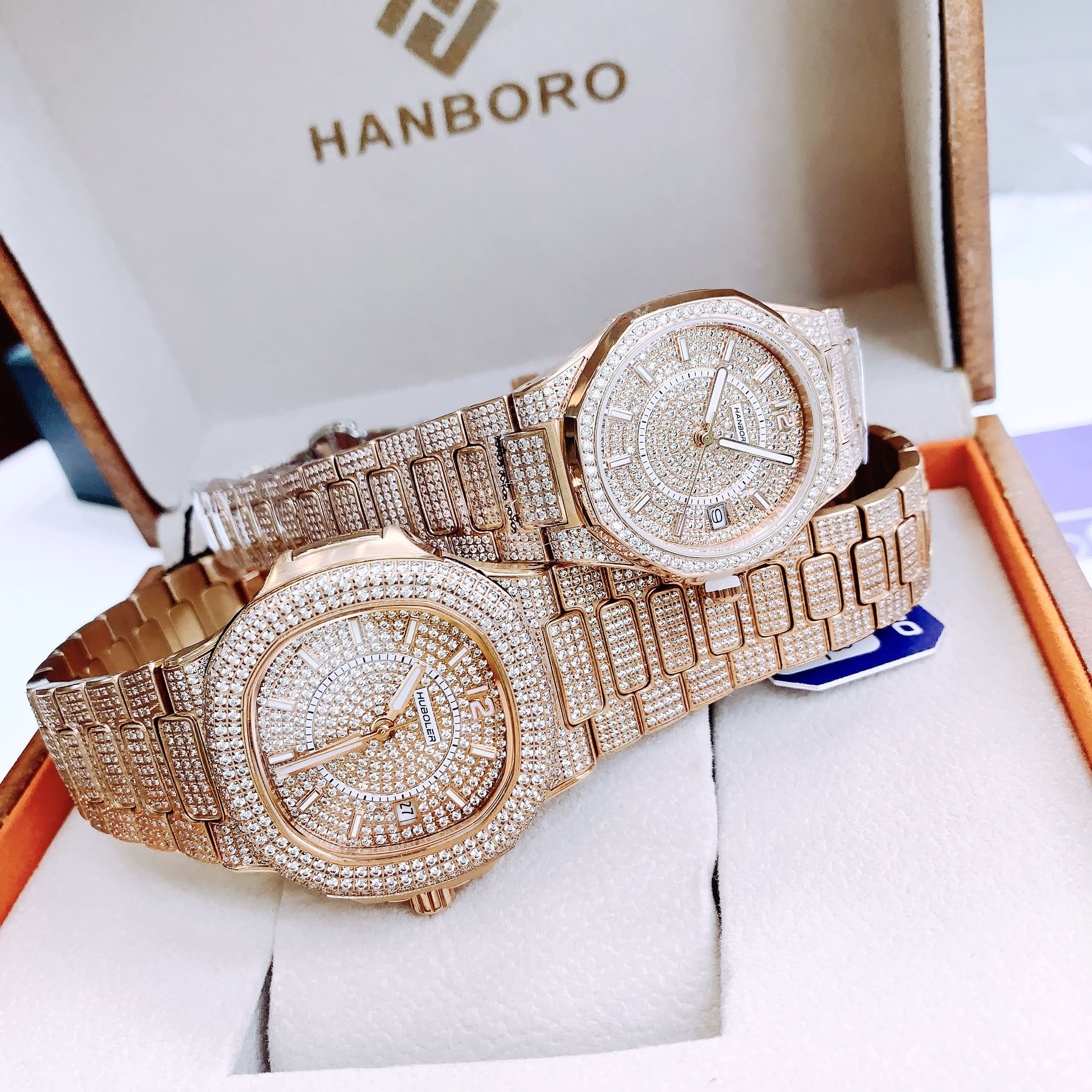 Đồng Hồ Hanboro Full Đá Swarovski |Cặp Đôi |Rose Gold |Dây Kim Loại | Size 34x41mm |donghogiatot.vn