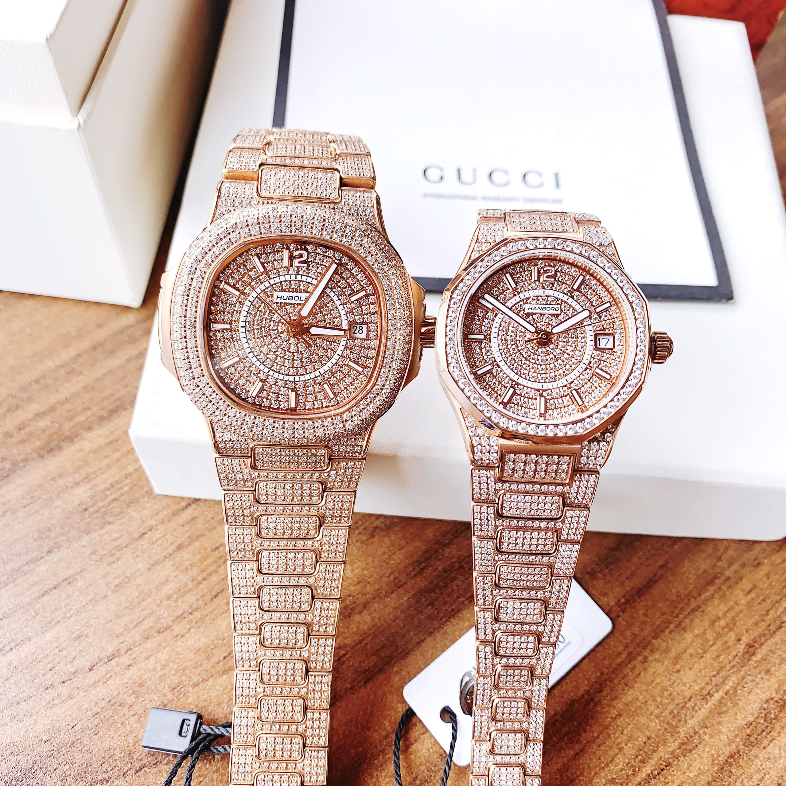 Đồng Hồ Hanboro Full Đá Swarovski |Cặp Đôi |Rose Gold |Dây Kim Loại | Size 34x41mm |donghogiatot.vn