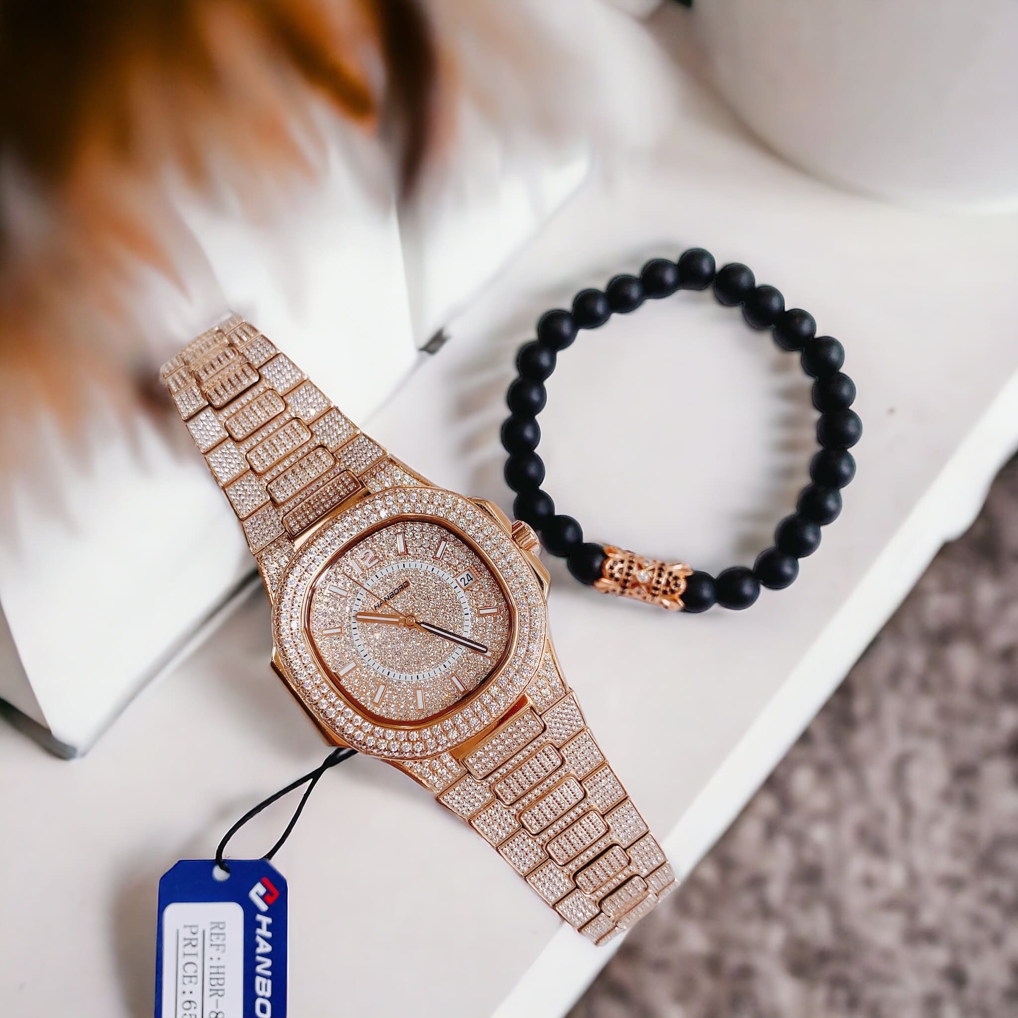 Đồng Hồ Hanboro Full Đá Swarovski |Nam Giới |Rose Gold |Dây Kim Loại |Máy Tự Động (Automatic) |Size 41mm |donghogiatot.vn
