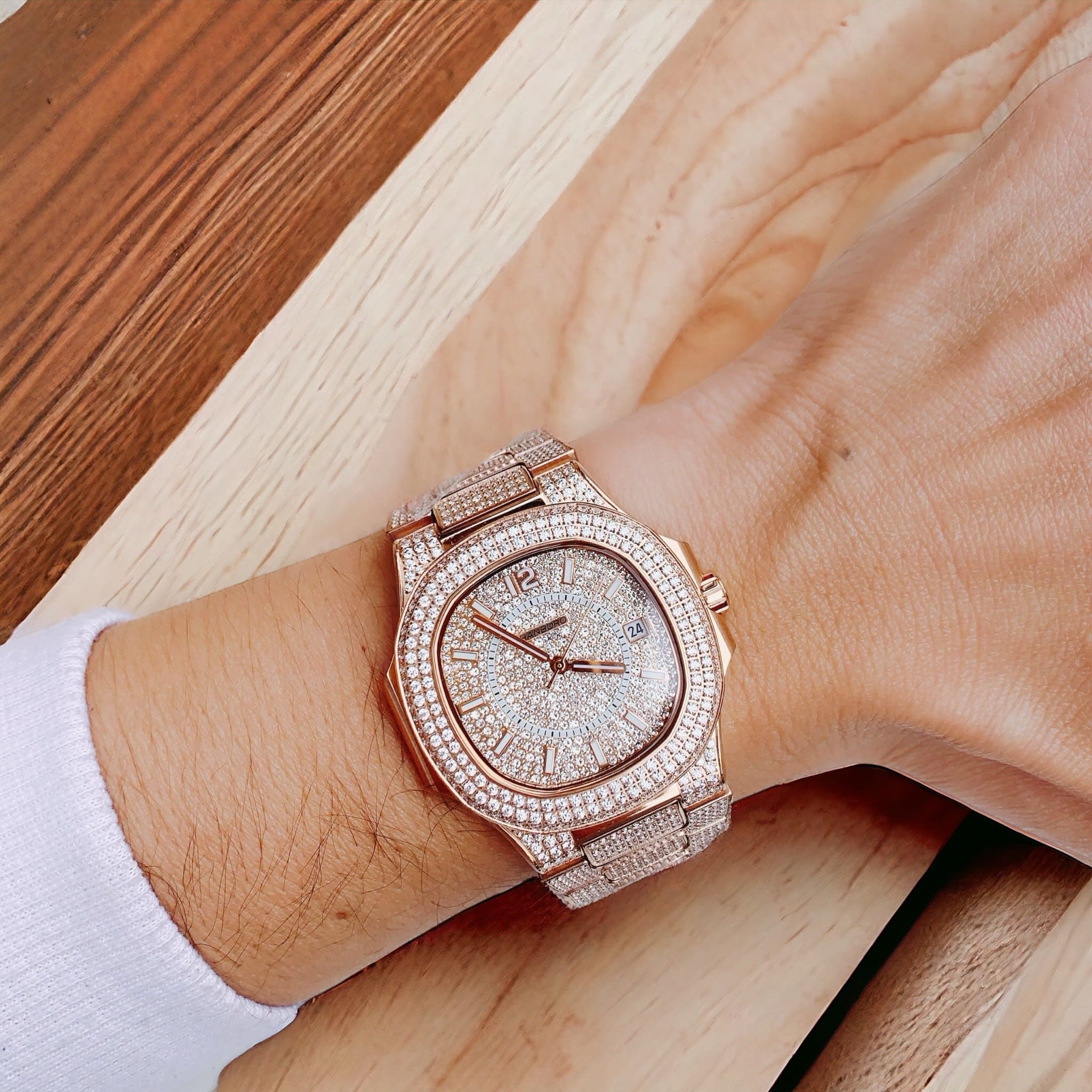 Đồng Hồ Hanboro Full Đá Swarovski |Nam Giới |Rose Gold |Dây Kim Loại |Máy Tự Động (Automatic) |Size 41mm |donghogiatot.vn