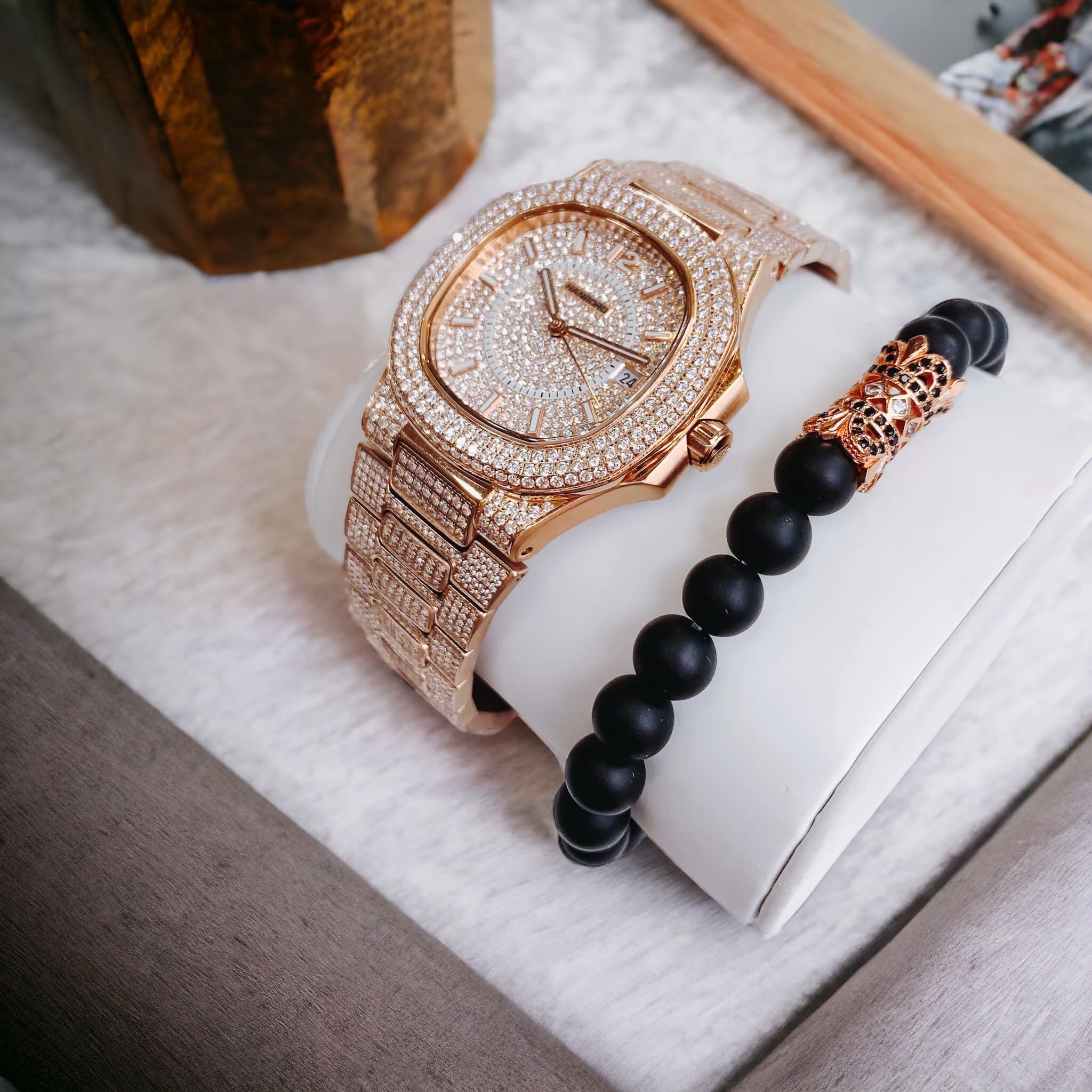 Đồng Hồ Hanboro Full Đá Swarovski |Nam Giới |Rose Gold |Dây Kim Loại |Máy Tự Động (Automatic) |Size 41mm |donghogiatot.vn