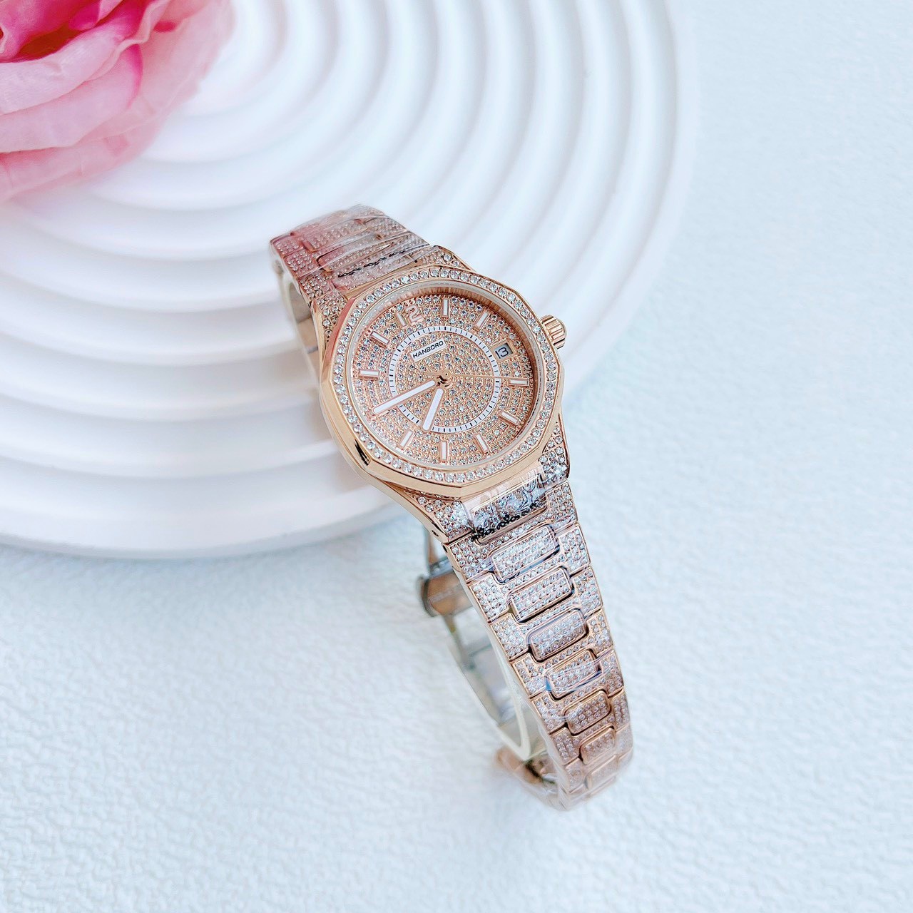 Đồng Hồ Hanboro Full Đá Swarovski |Nữ Giới |Rose Gold |Dây Kim Loại |Máy Pin (Quartz) |Size 34mm |donghogiatot.vn