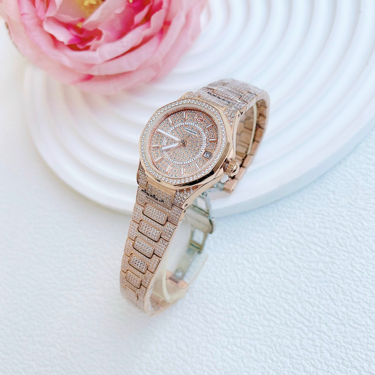 Đồng Hồ Hanboro Full Đá Swarovski |Nữ Giới |Rose Gold |Dây Kim Loại |Máy Pin (Quartz) |Size 34mm |donghogiatot.vn
