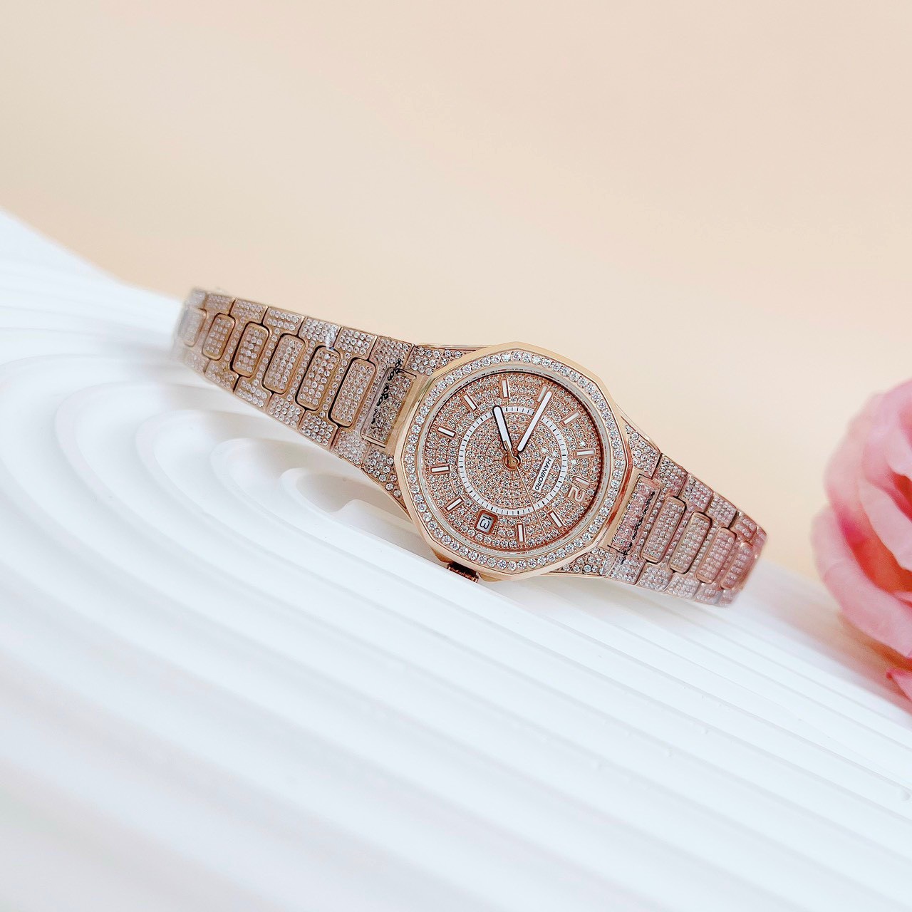 Đồng Hồ Hanboro Full Đá Swarovski |Nữ Giới |Rose Gold |Dây Kim Loại |Máy Pin (Quartz) |Size 34mm |donghogiatot.vn